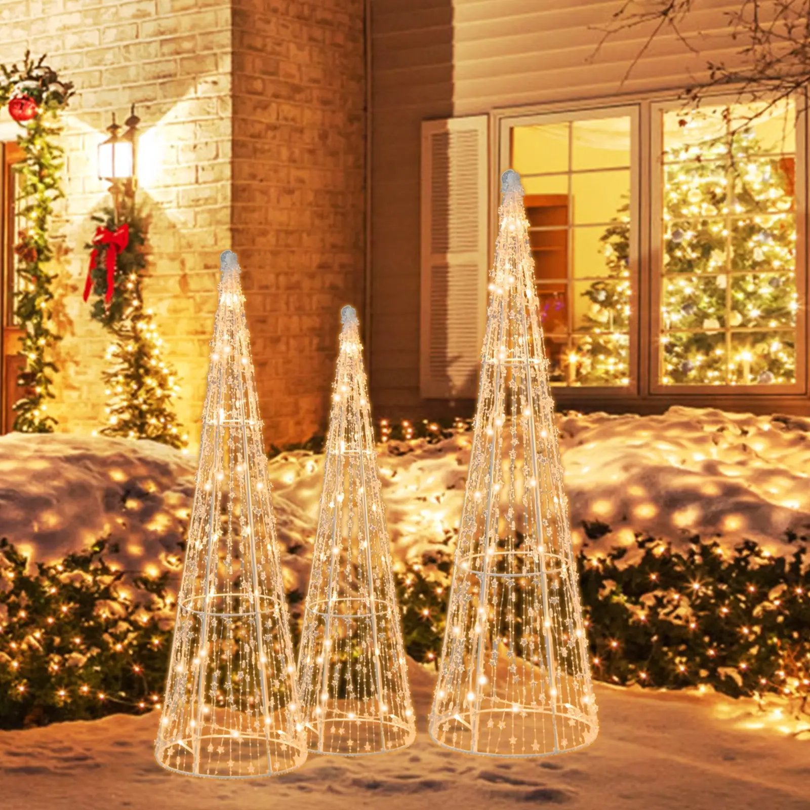Set of 3 Pre-lit Christmas Cone Trees with Star Strings by DirectDeals