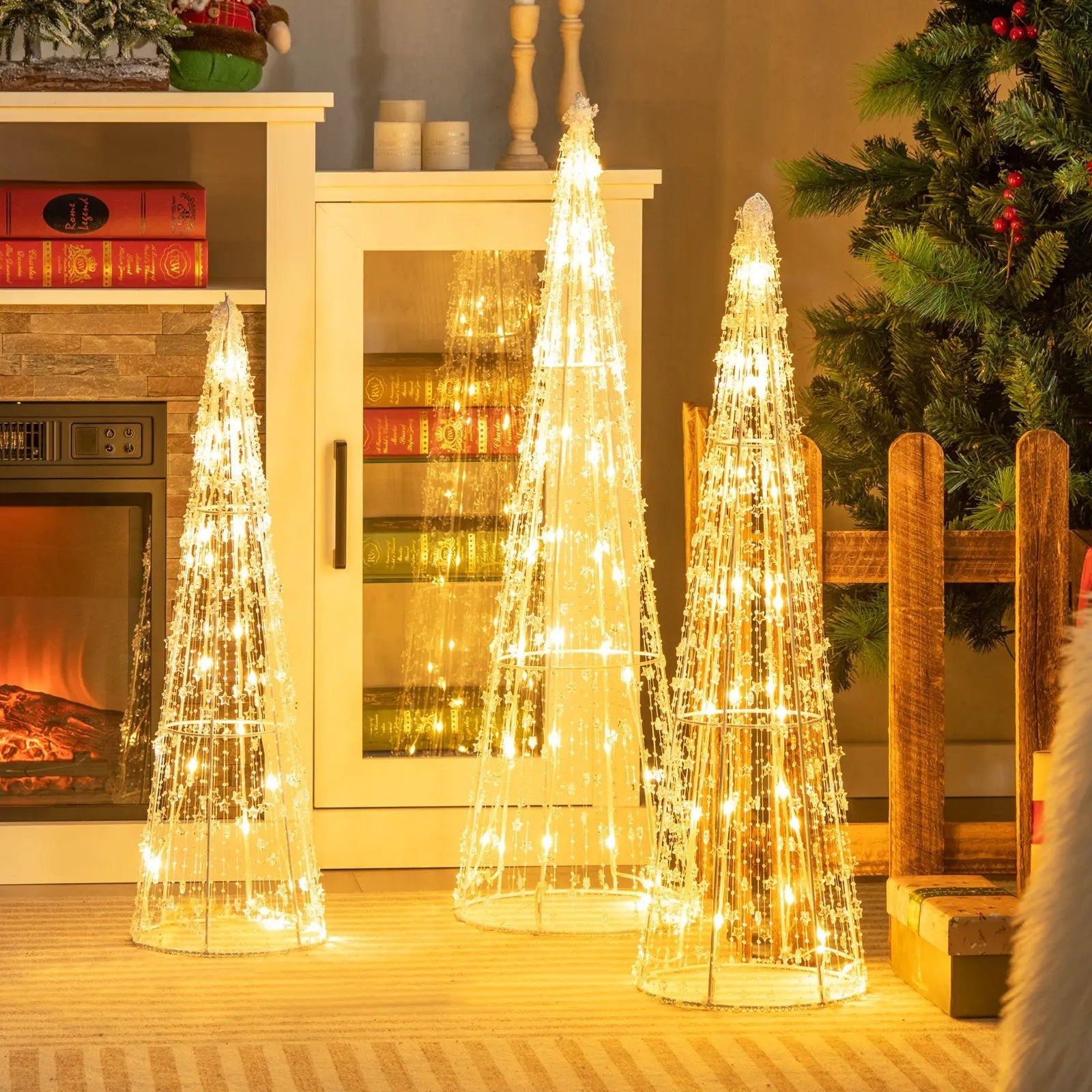 Set of 3 Pre-lit Christmas Cone Trees with Star Strings by DirectDeals