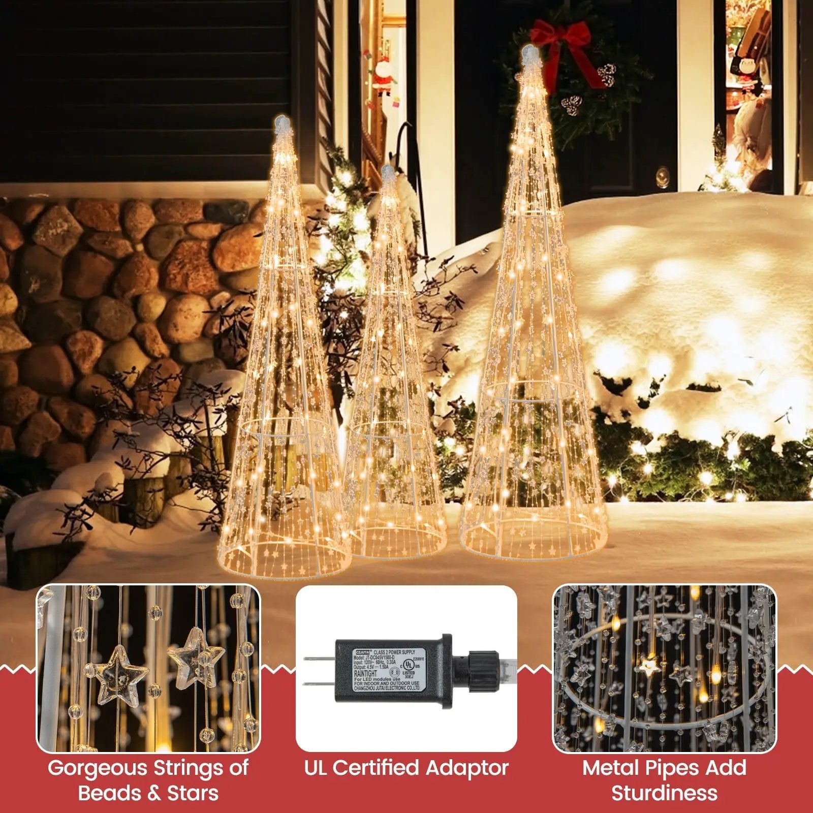 Set of 3 Pre-lit Christmas Cone Trees with Star Strings by DirectDeals