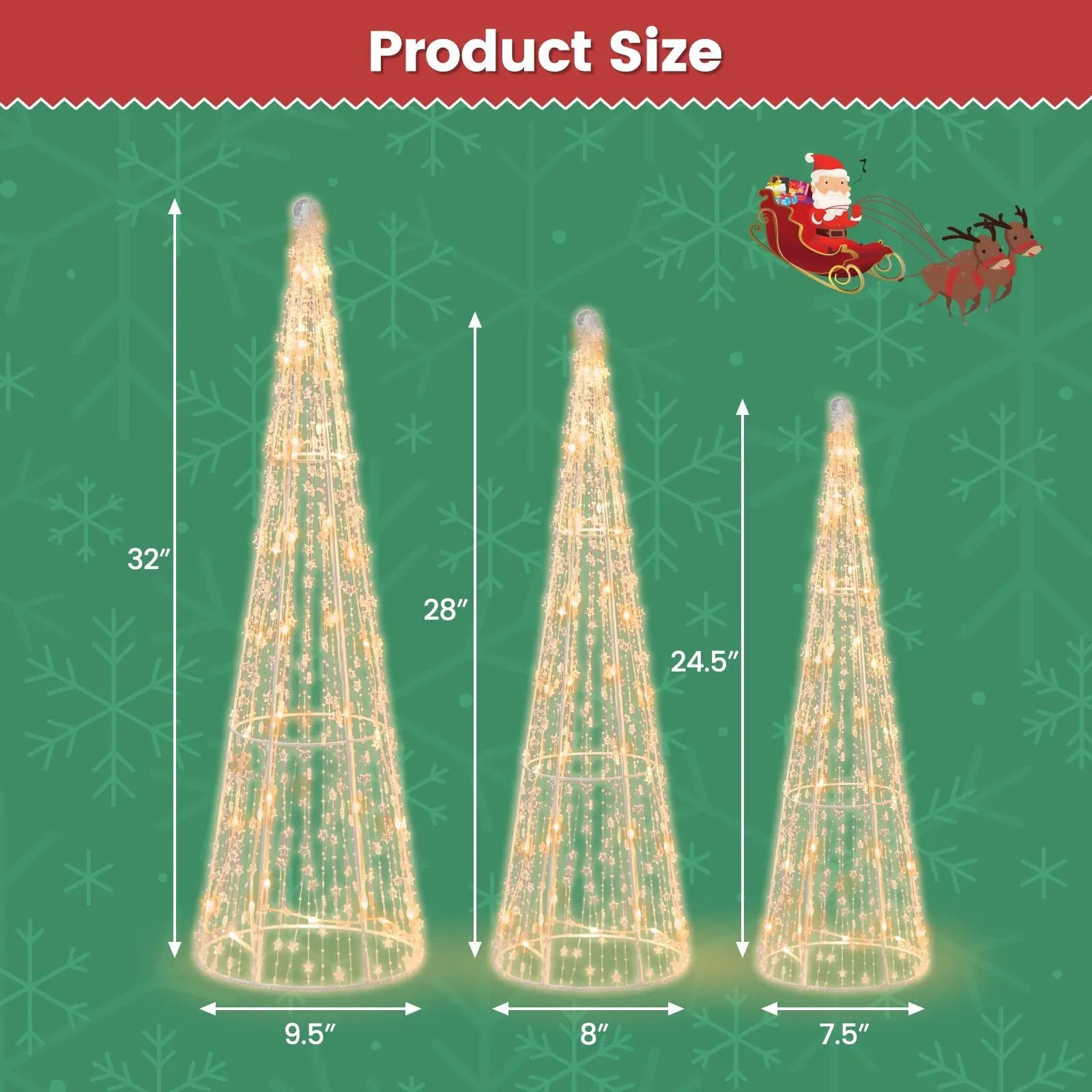 Set of 3 Pre-lit Christmas Cone Trees with Star Strings by DirectDeals