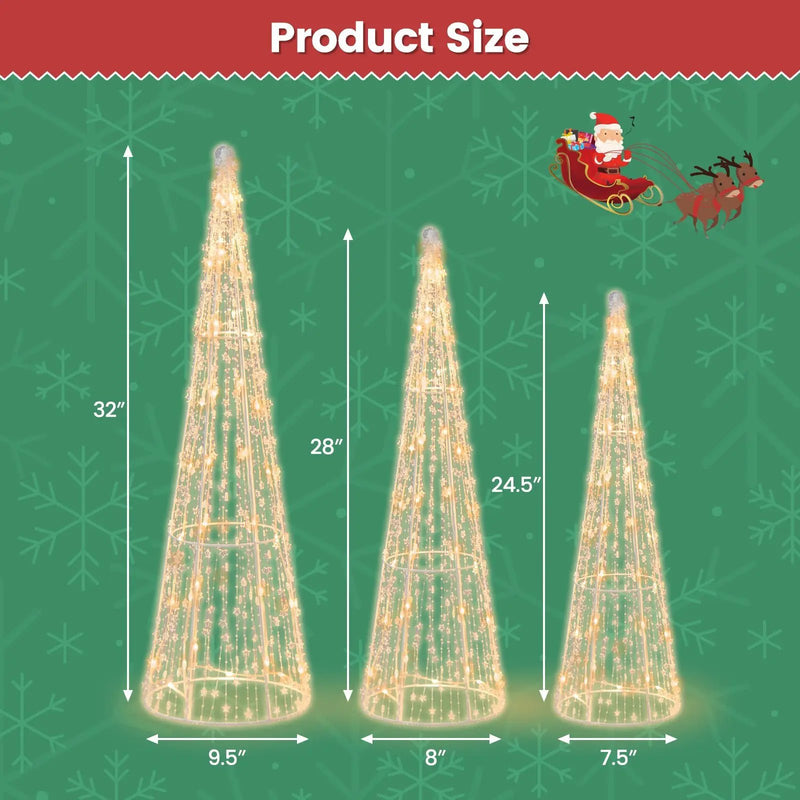 Set of 3 Pre-lit Christmas Cone Trees with Star Strings by DirectDeals