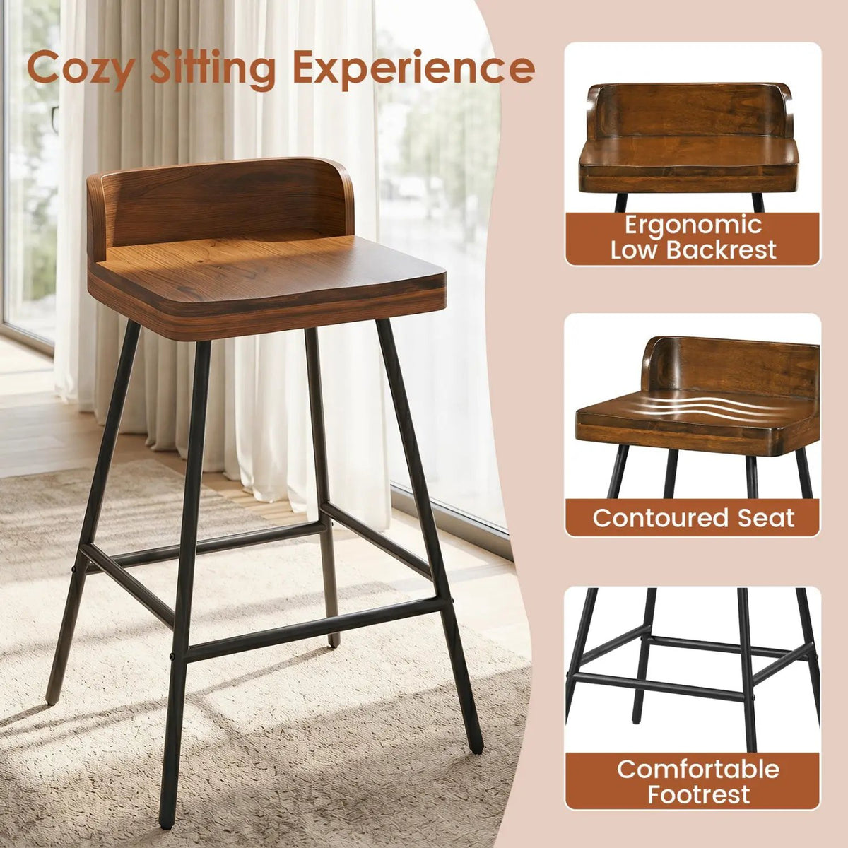 24" Industrial Bar Stool with Low Back - Set of 4 by DirectDeals