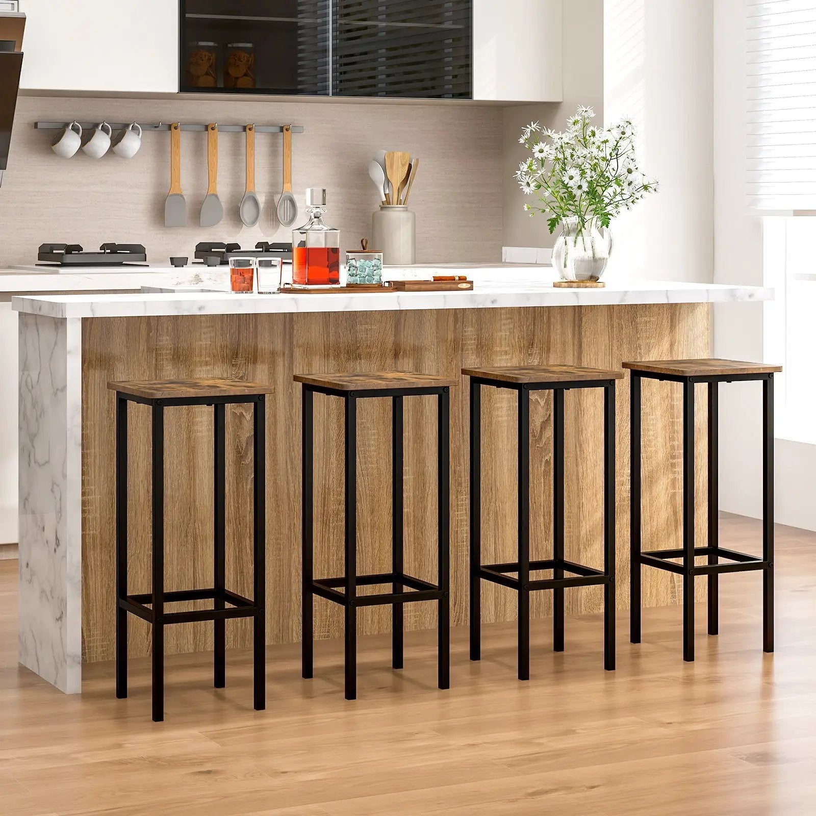 Set of 4 Bar Stool Set with Metal Legs and Footrest-Coffee by DirectDeals