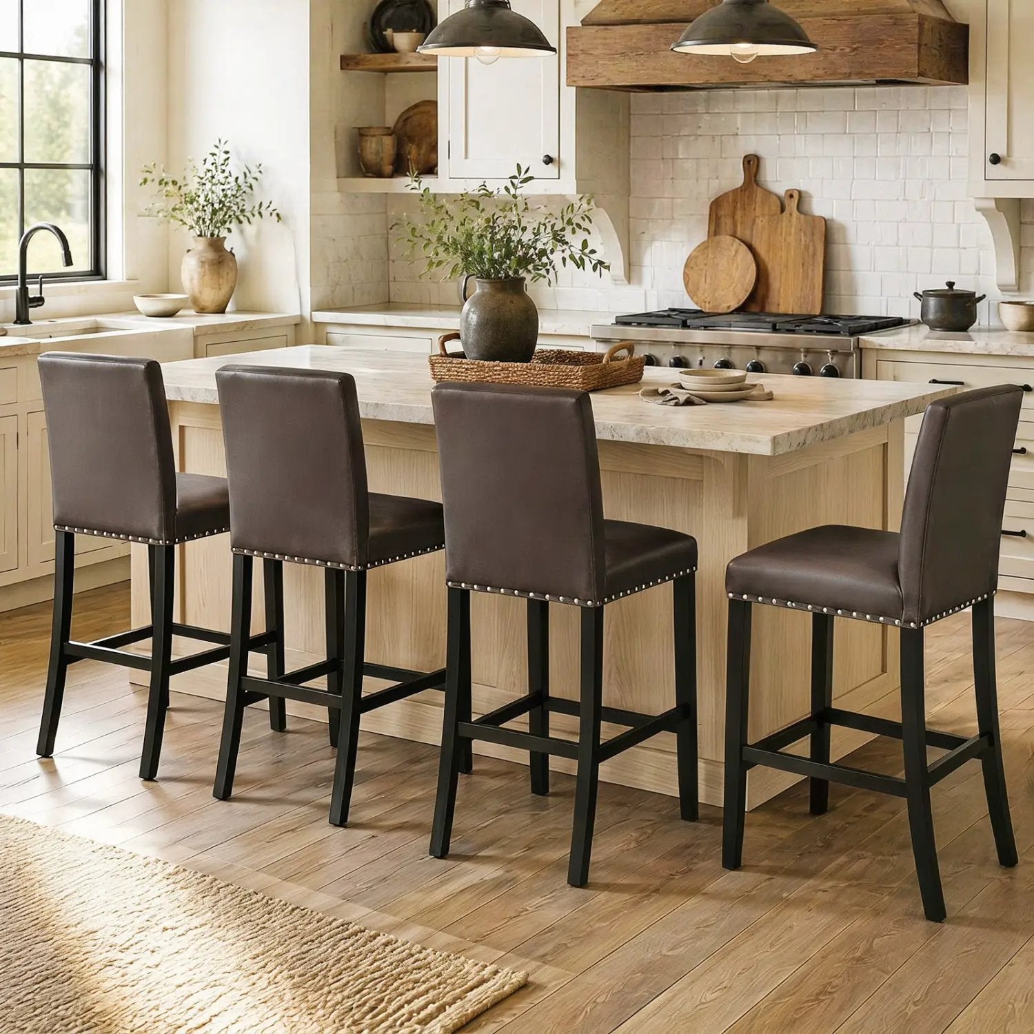 Bar Stools with Back Set of 4 - Brown Upholstered Counter Height by DirectDeals