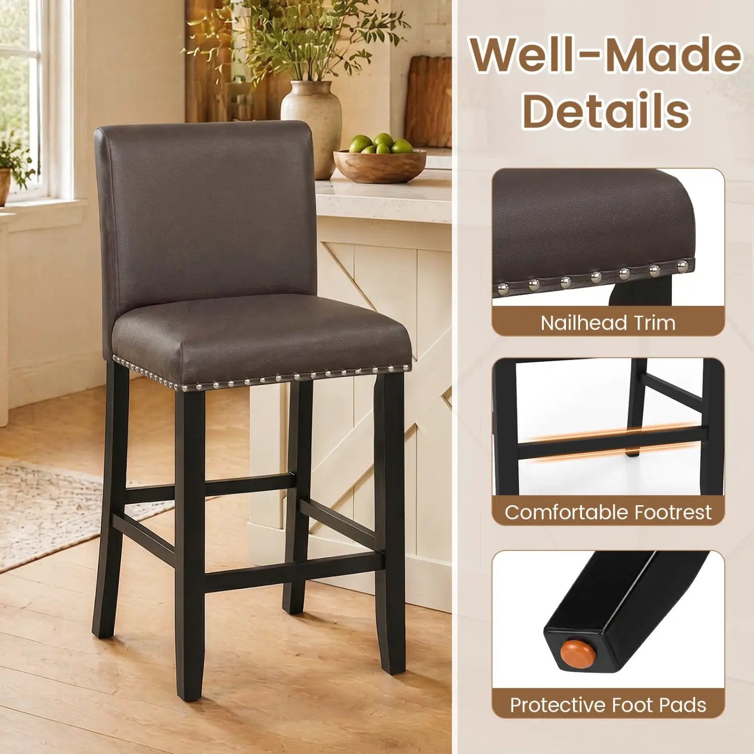 Bar Stools with Back Set of 4 - Brown Upholstered Counter Height by DirectDeals