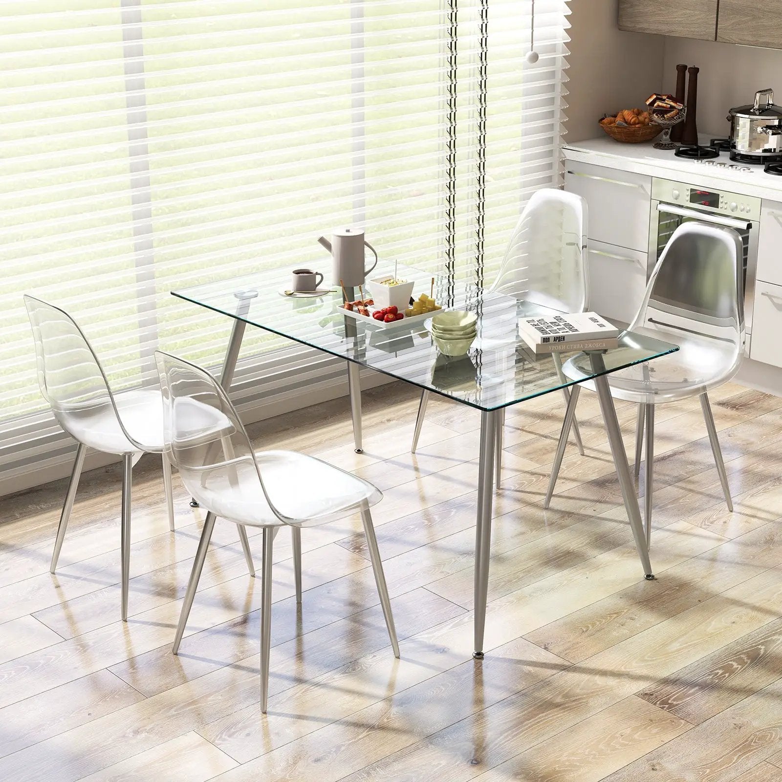 Set of 4 Dining Chairs Modern Plastic Shell Side Chair with Clear Seat and Wood Legs-Silver by DirectDeals