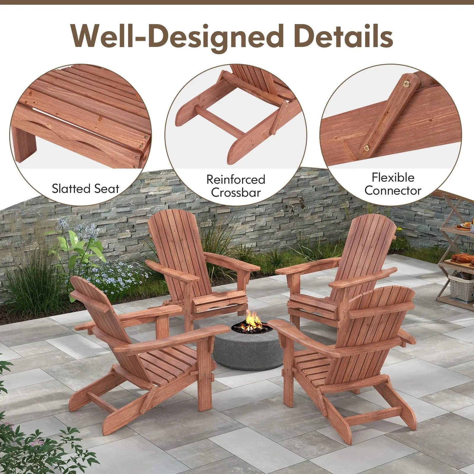 Folding Adirondack Chair Set of 2 with High Backrest and Wide Armrests by DirectDeals