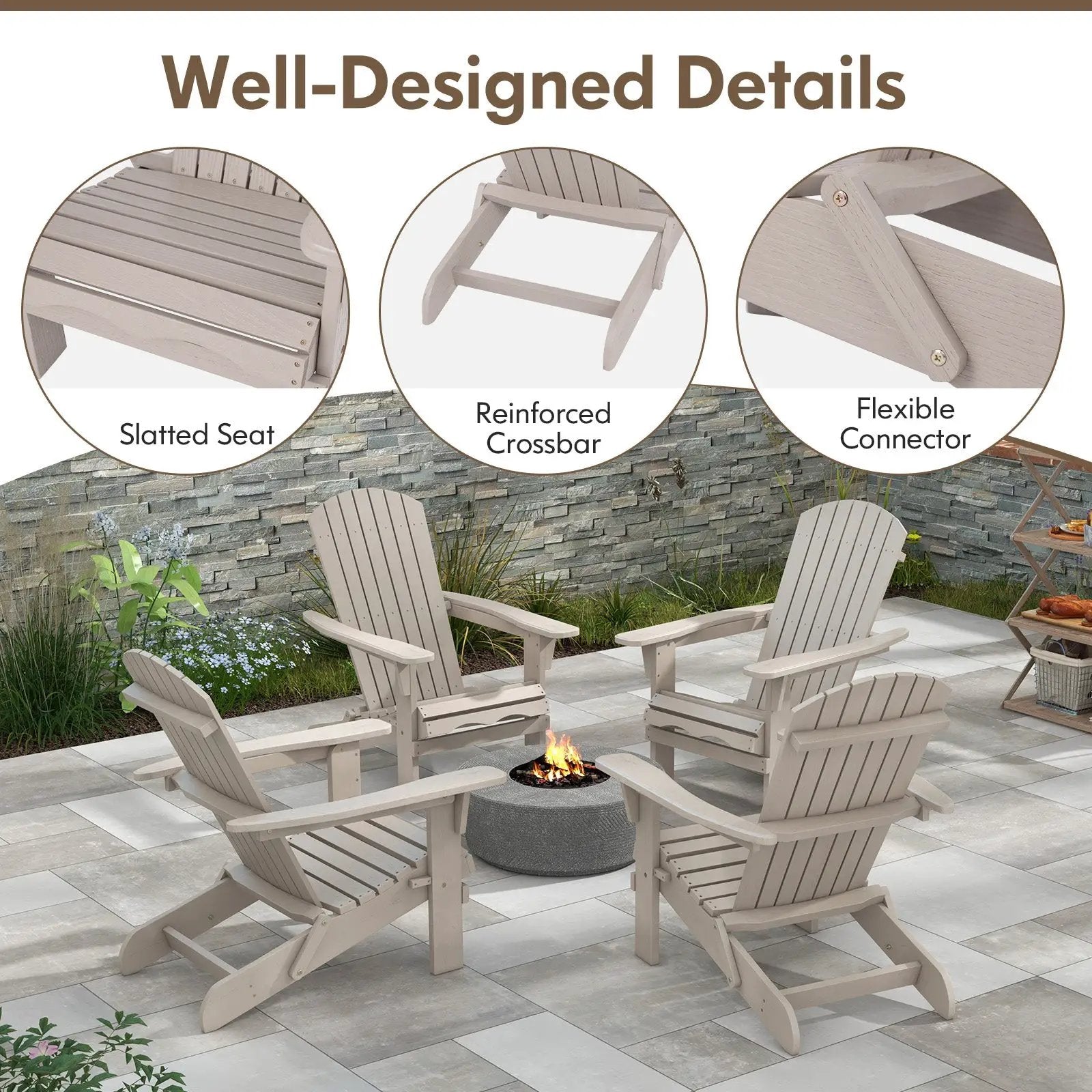 Folding Adirondack Chair Set of 2 with High Backrest and Wide Armrests by DirectDeals