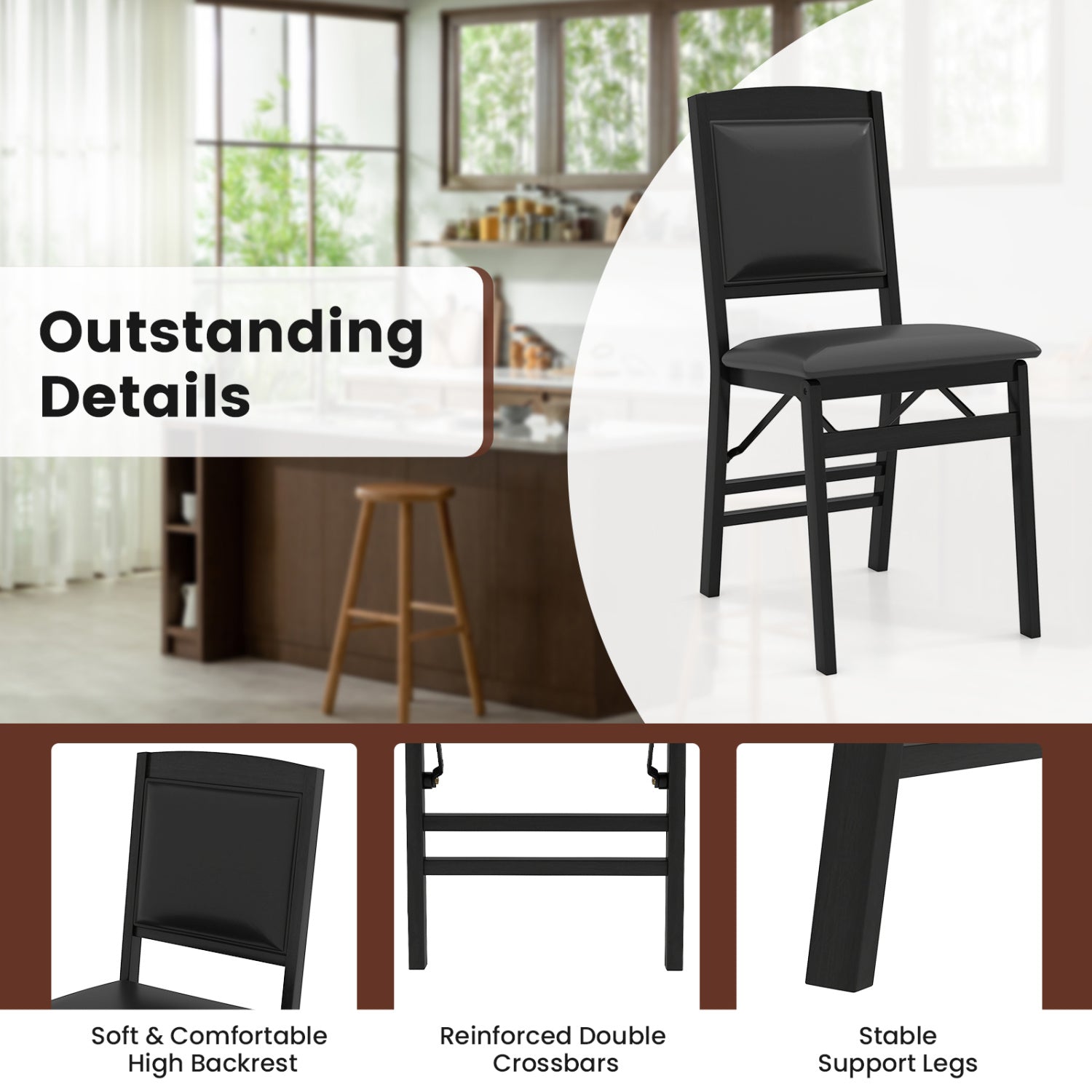 Set of 4 Folding Dining Chairs with Padded Seat and High Backrest by DirectDeals