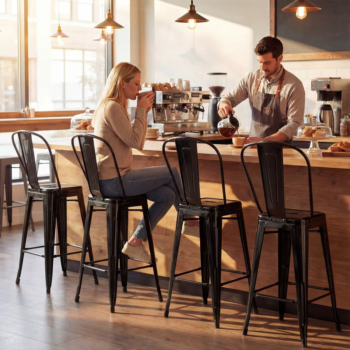 Set of 4 Metal Bar Stools with Backrests and Footrests by DirectDeals