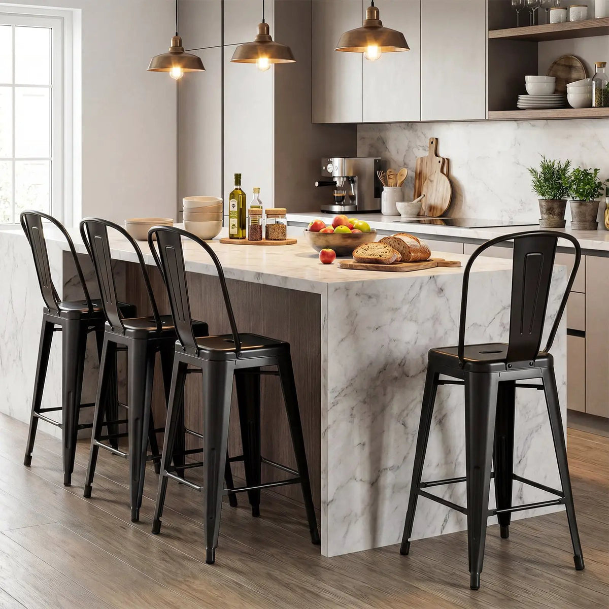 Set of 4 Metal Bar Stools with Backrests and Footrests by DirectDeals