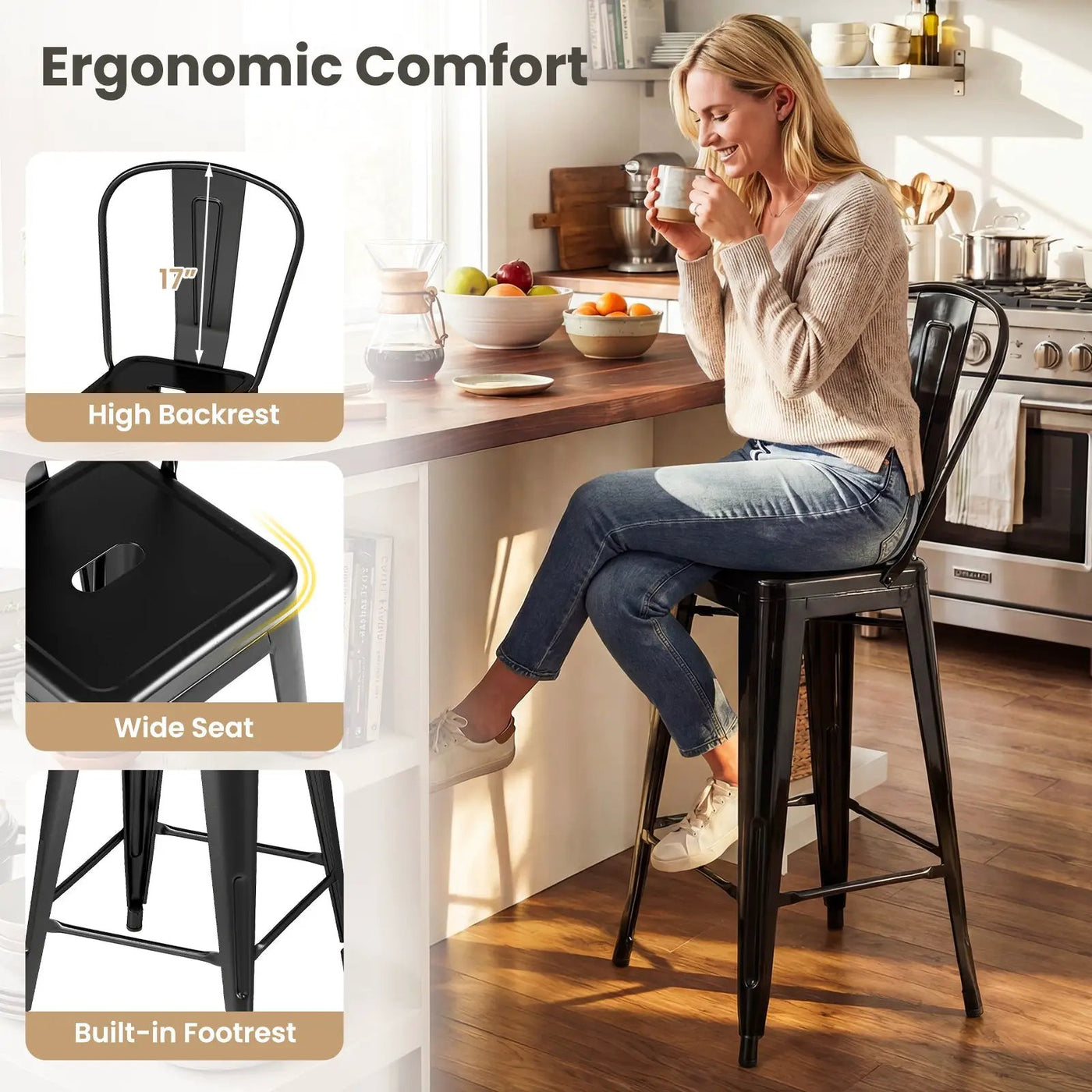Set of 4 Metal Bar Stools with Backrests and Footrests by DirectDeals