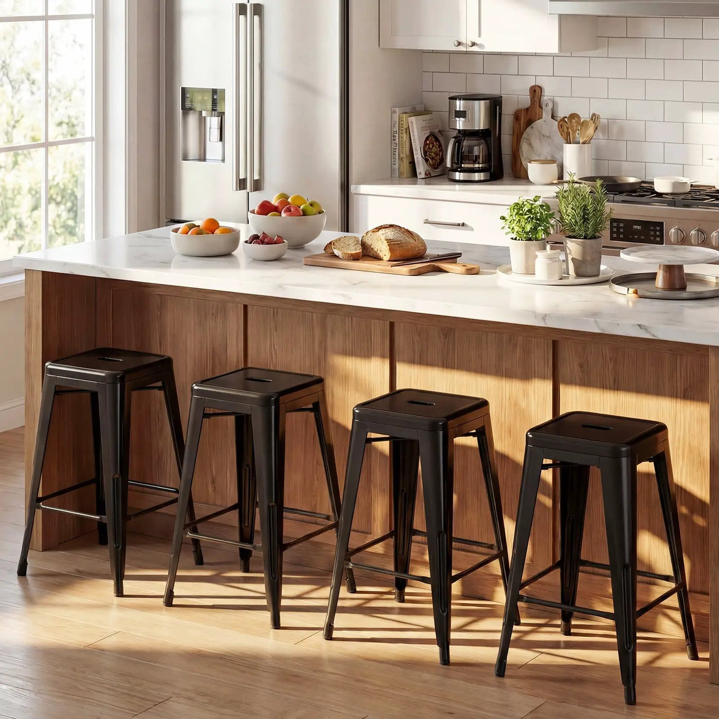 Set of 4 Metal Bar Stools with Backrests and Footrests by DirectDeals