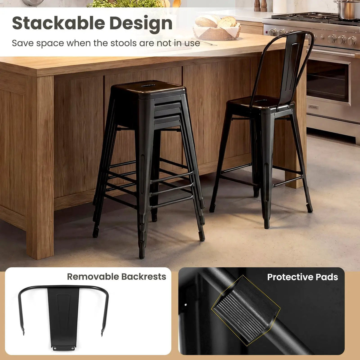 Set of 4 Metal Bar Stools with Backrests and Footrests by DirectDeals