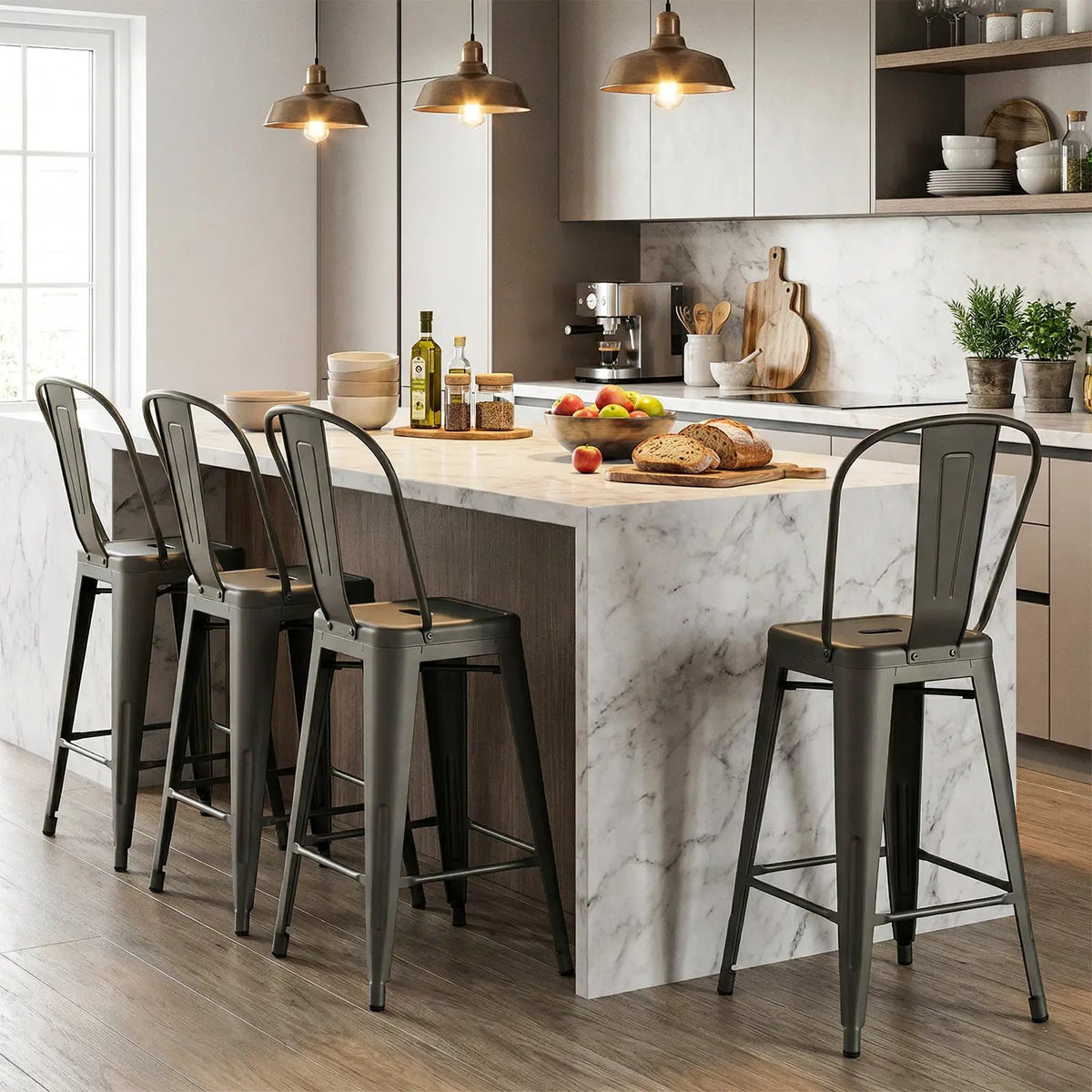 Set of 4 Metal Bar Stools with Backrests and Footrests by DirectDeals