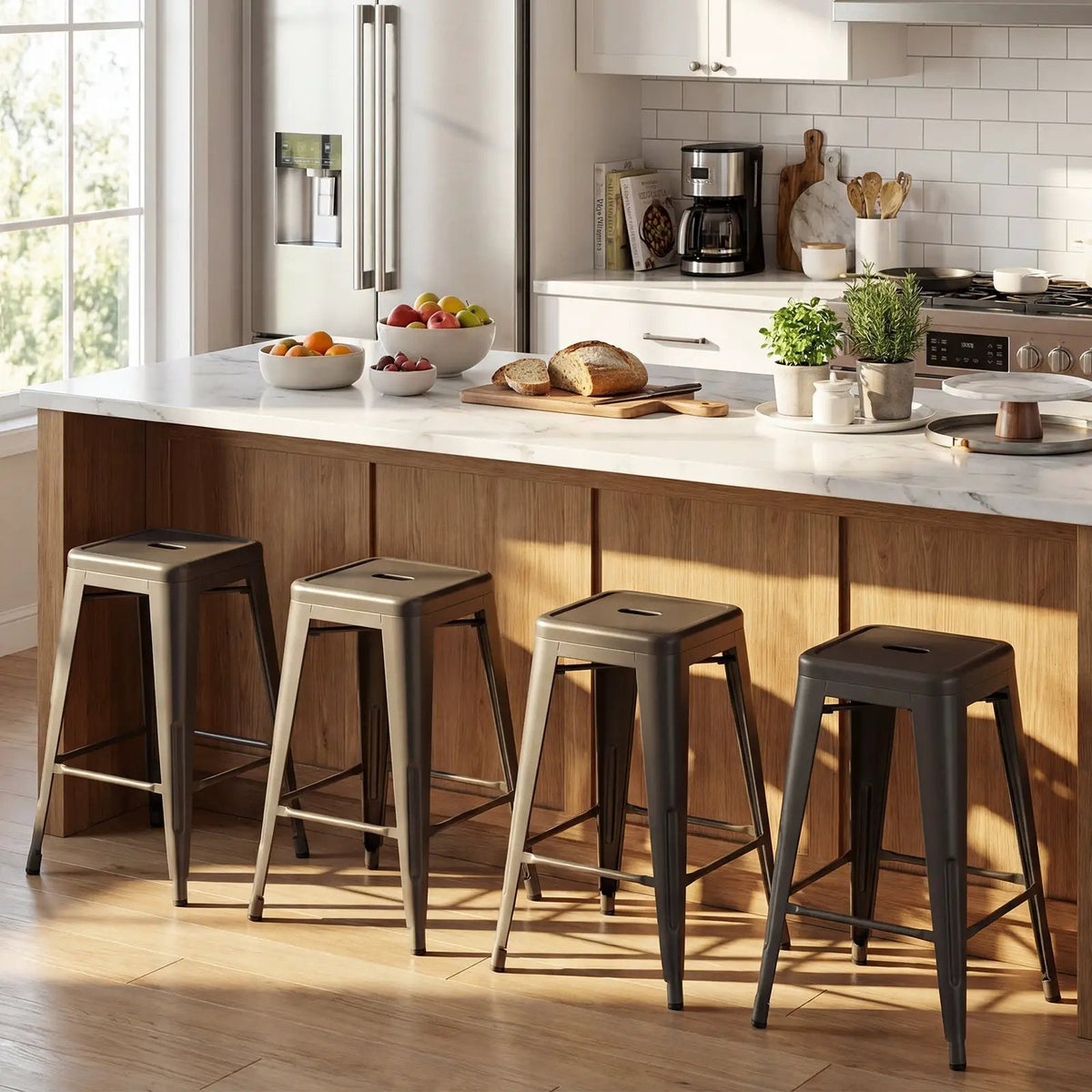 Set of 4 Metal Bar Stools with Backrests and Footrests by DirectDeals