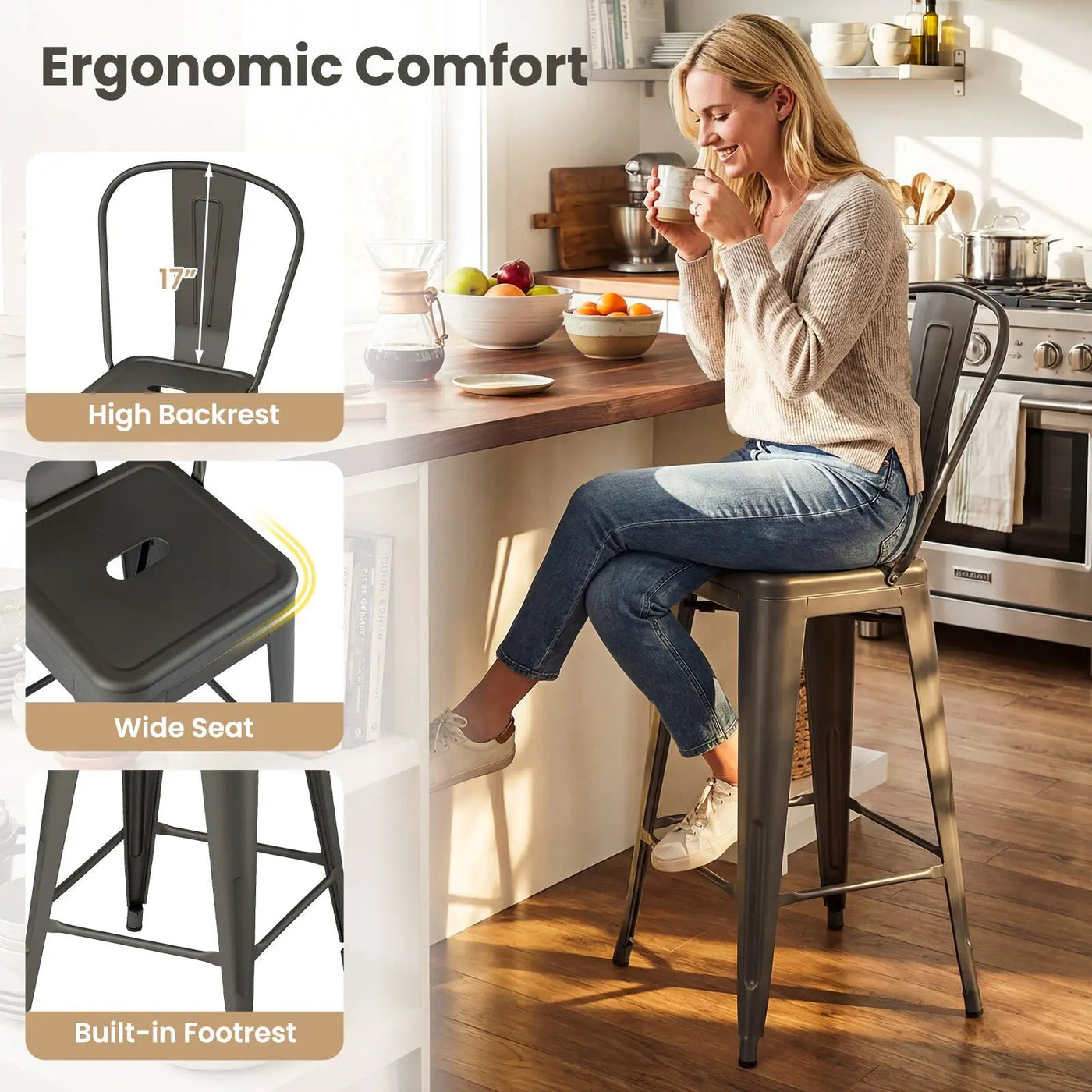 Set of 4 Metal Bar Stools with Backrests and Footrests by DirectDeals