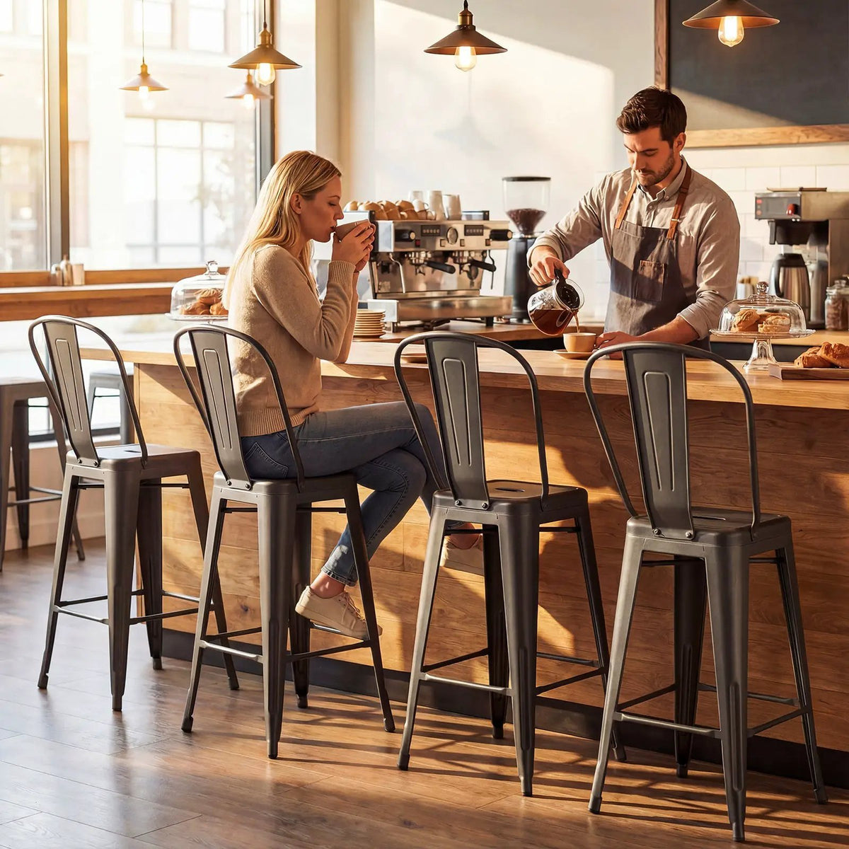 Set of 4 Metal Bar Stools with Backrests and Footrests by DirectDeals
