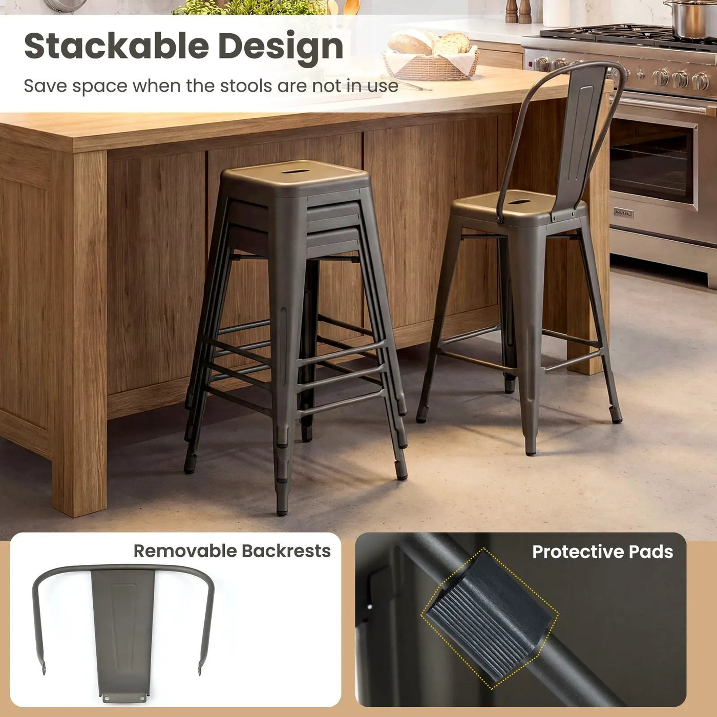 Set of 4 Metal Bar Stools with Backrests and Footrests by DirectDeals