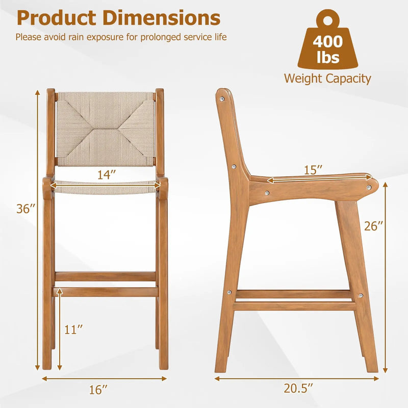Set of 4 Outdoor Counter Height Bar Stool Woven Paper Rope Patio Barstool with Teak Wood Frame by DirectDeals