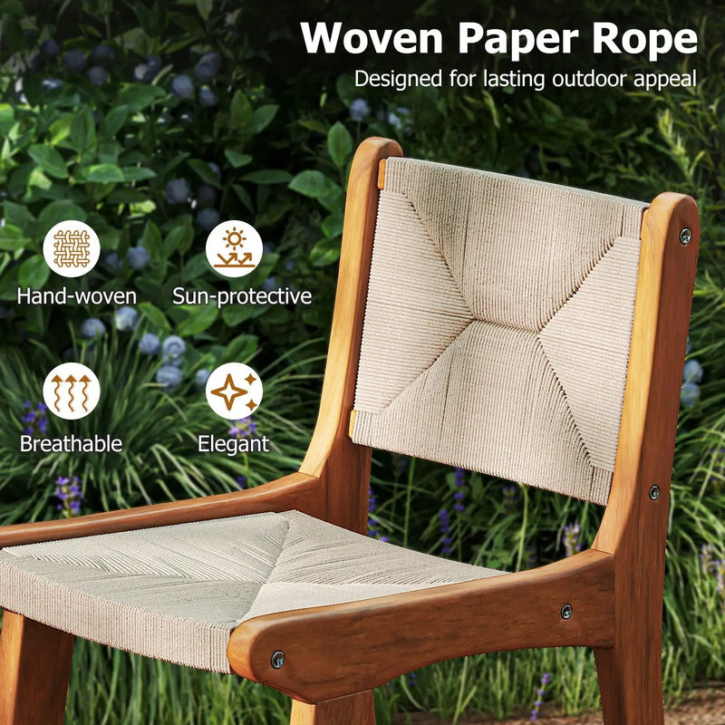 Set of 4 Outdoor Counter Height Bar Stool Woven Paper Rope Patio Barstool with Teak Wood Frame by DirectDeals