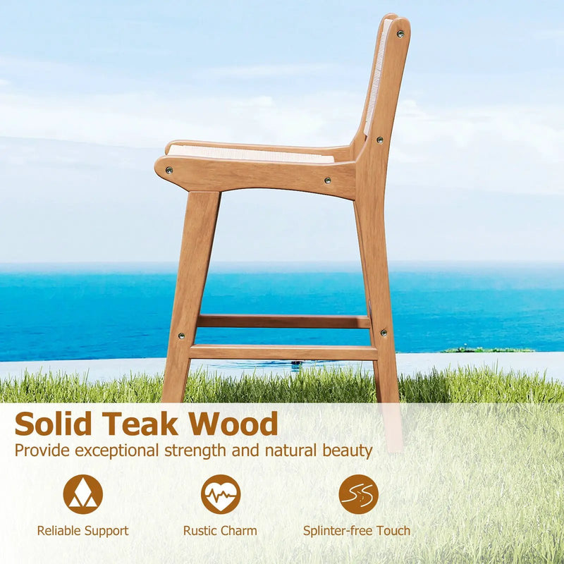 Set of 4 Outdoor Counter Height Bar Stool Woven Paper Rope Patio Barstool with Teak Wood Frame by DirectDeals