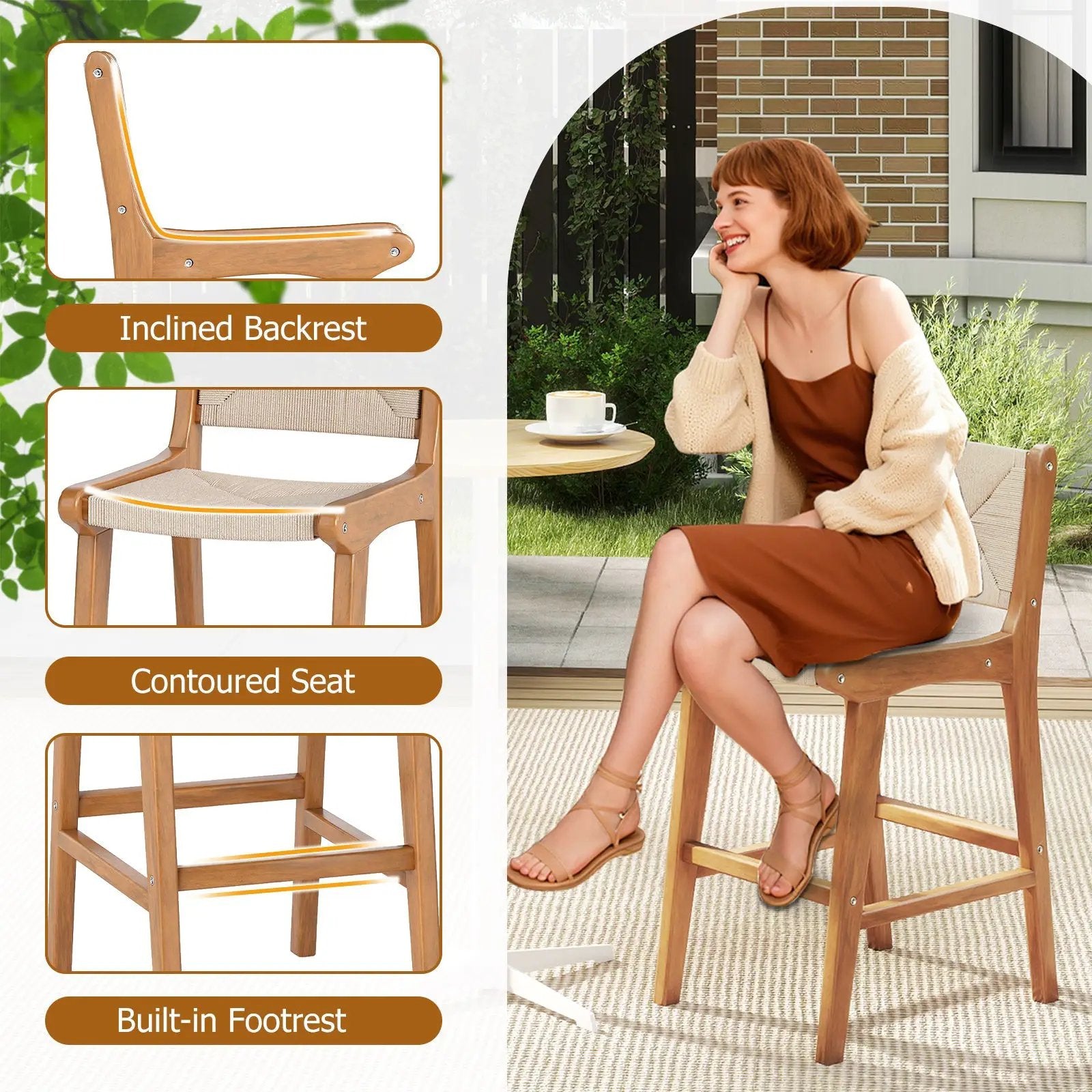 Set of 4 Outdoor Counter Height Bar Stool Woven Paper Rope Patio Barstool with Teak Wood Frame by DirectDeals