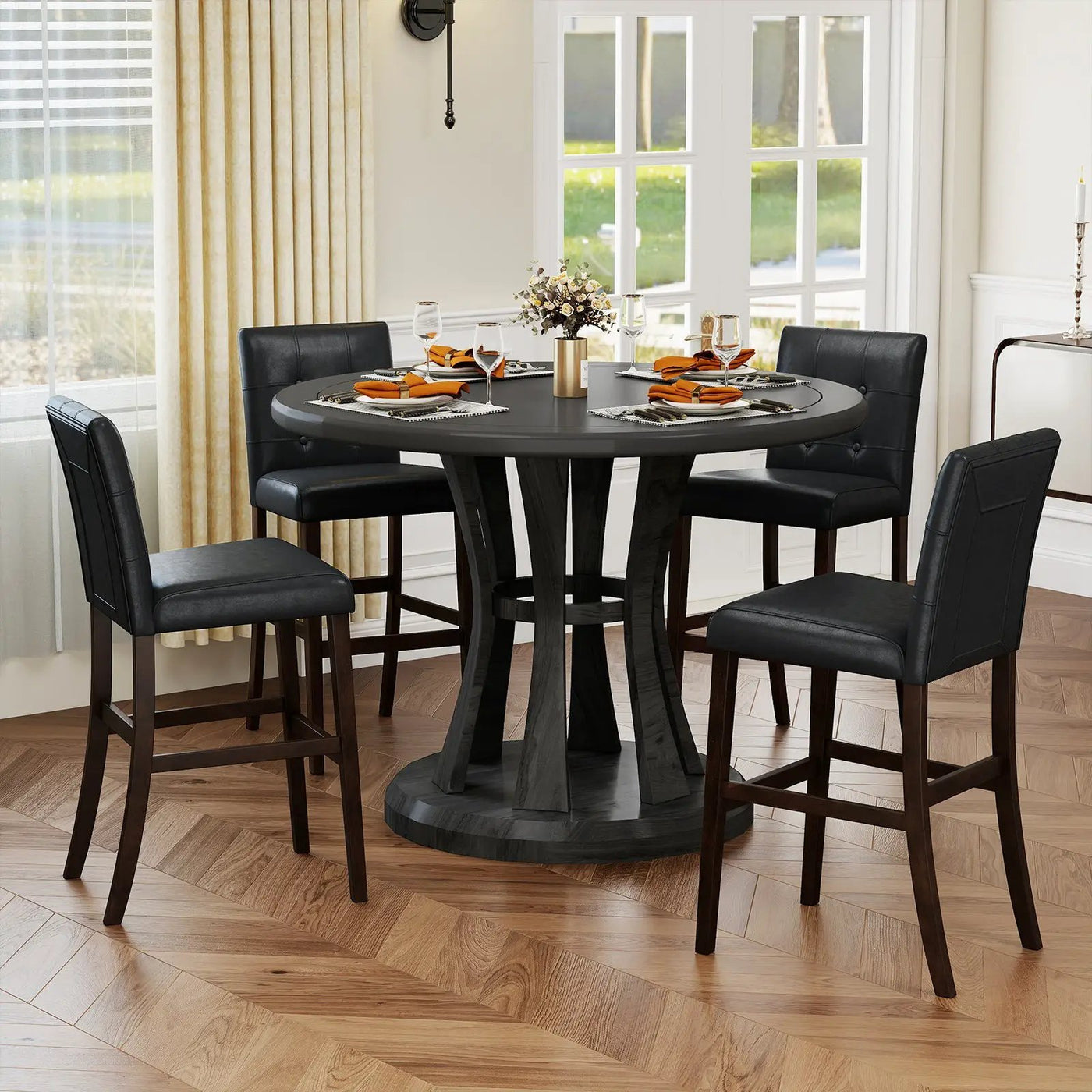 Set of 4 PVC Dining Leather Bar Stools with Solid Wood Legs by DirectDeals
