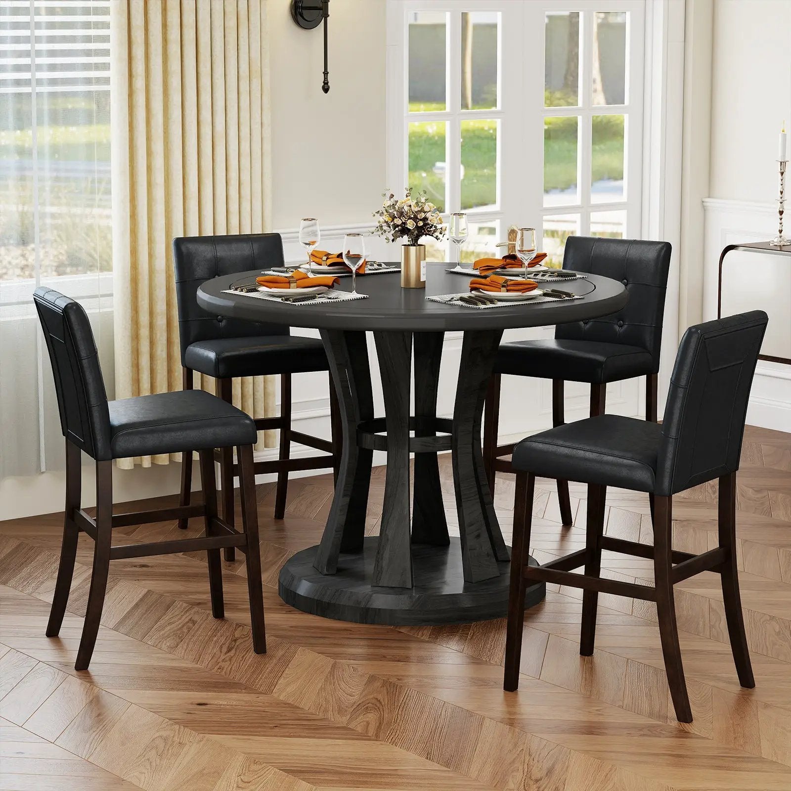 Set of 4 PVC Dining Leather Bar Stools with Solid Wood Legs by DirectDeals