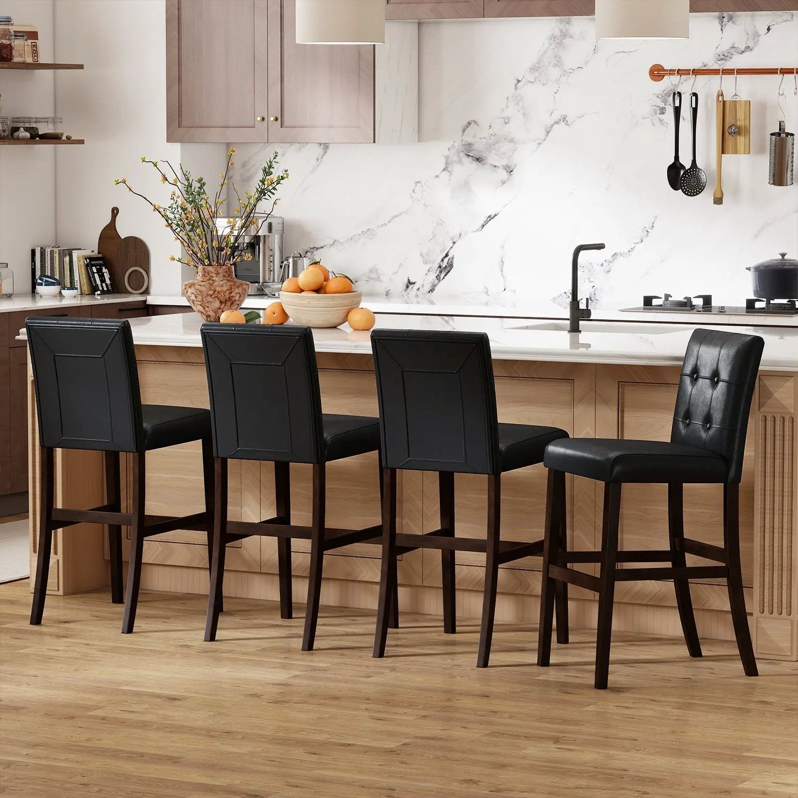 Set of 4 PVC Dining Leather Bar Stools with Solid Wood Legs by DirectDeals
