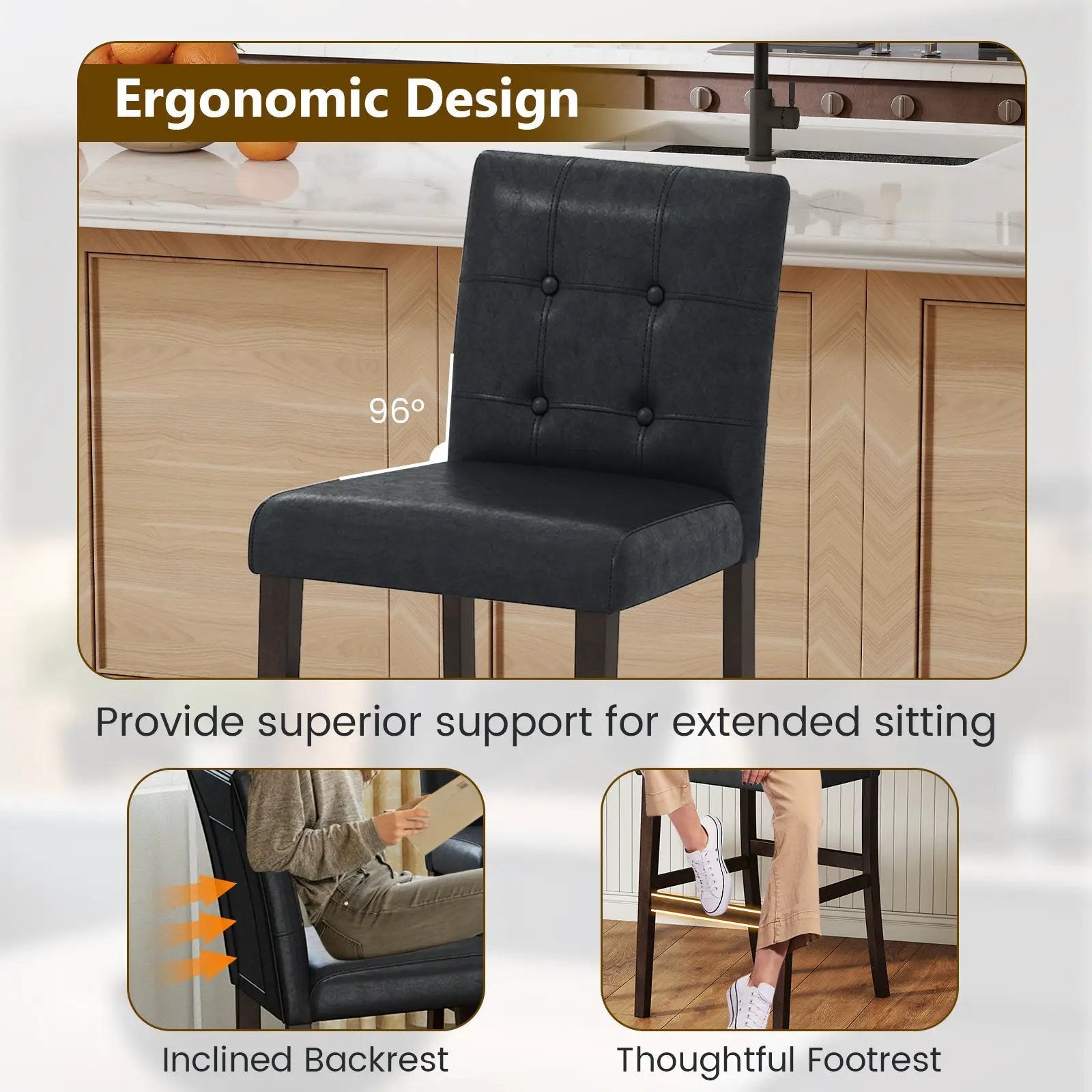 Set of 4 PVC Dining Leather Bar Stools with Solid Wood Legs by DirectDeals
