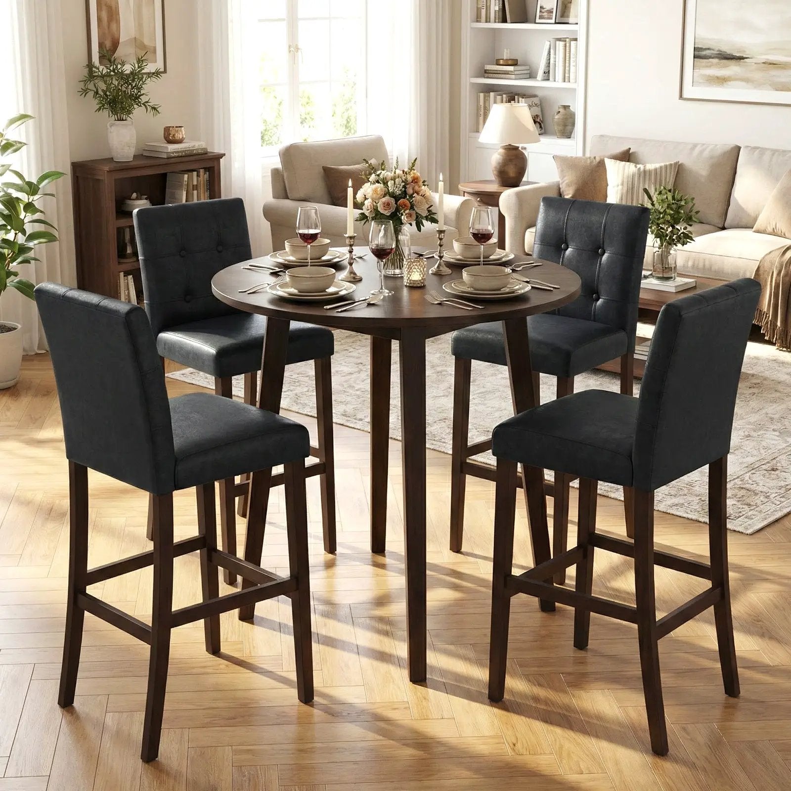 Set of 4 PVC Dining Leather Bar Stools with Solid Wood Legs by DirectDeals