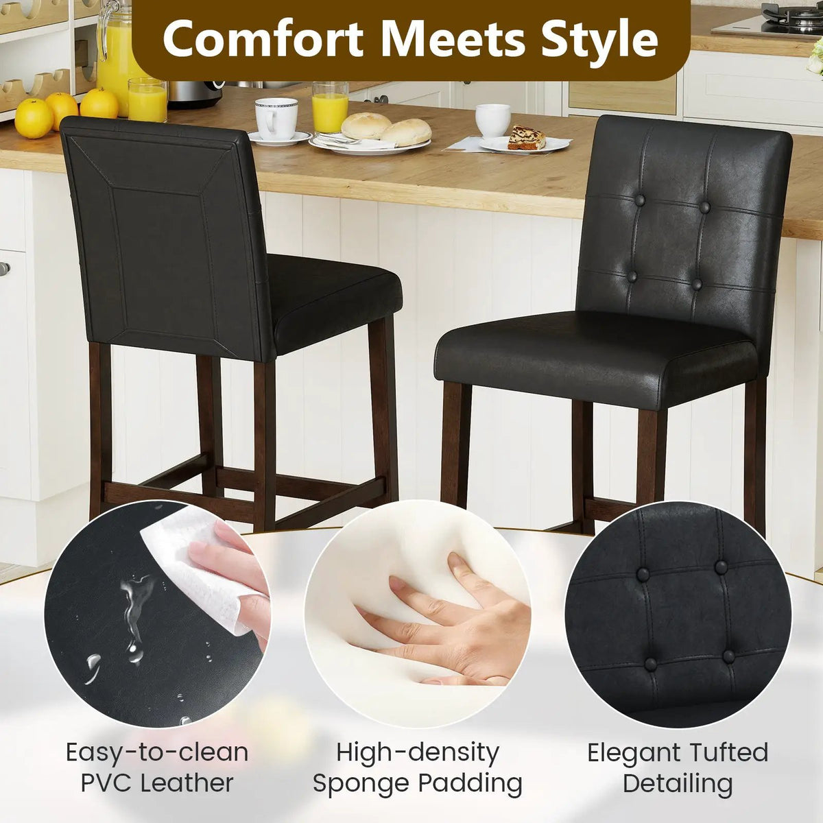 Set of 4 PVC Dining Leather Bar Stools with Solid Wood Legs by DirectDeals