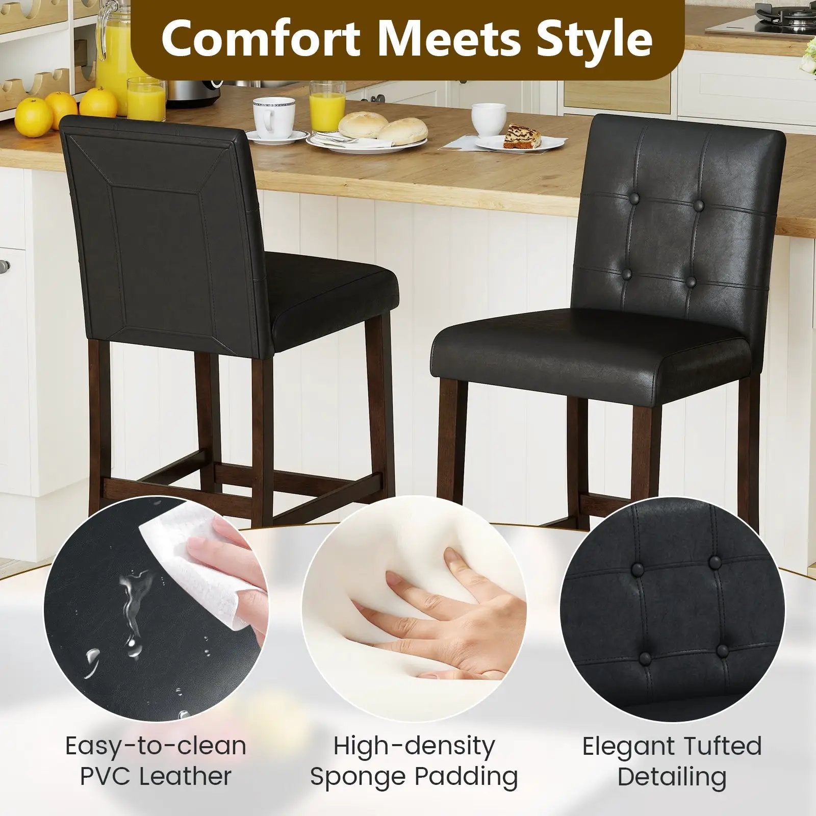 Set of 4 PVC Dining Leather Bar Stools with Solid Wood Legs by DirectDeals