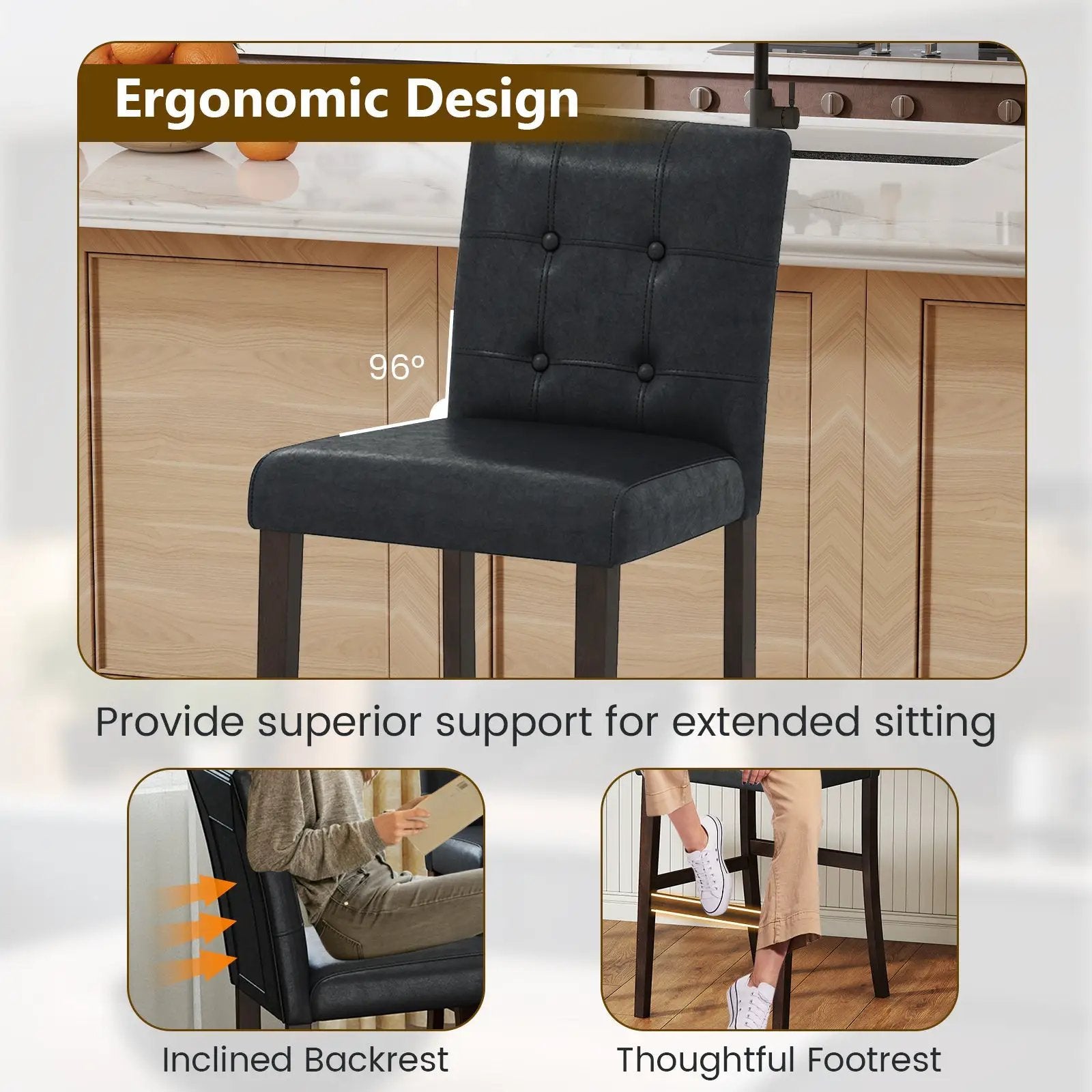 Set of 4 PVC Dining Leather Bar Stools with Solid Wood Legs by DirectDeals