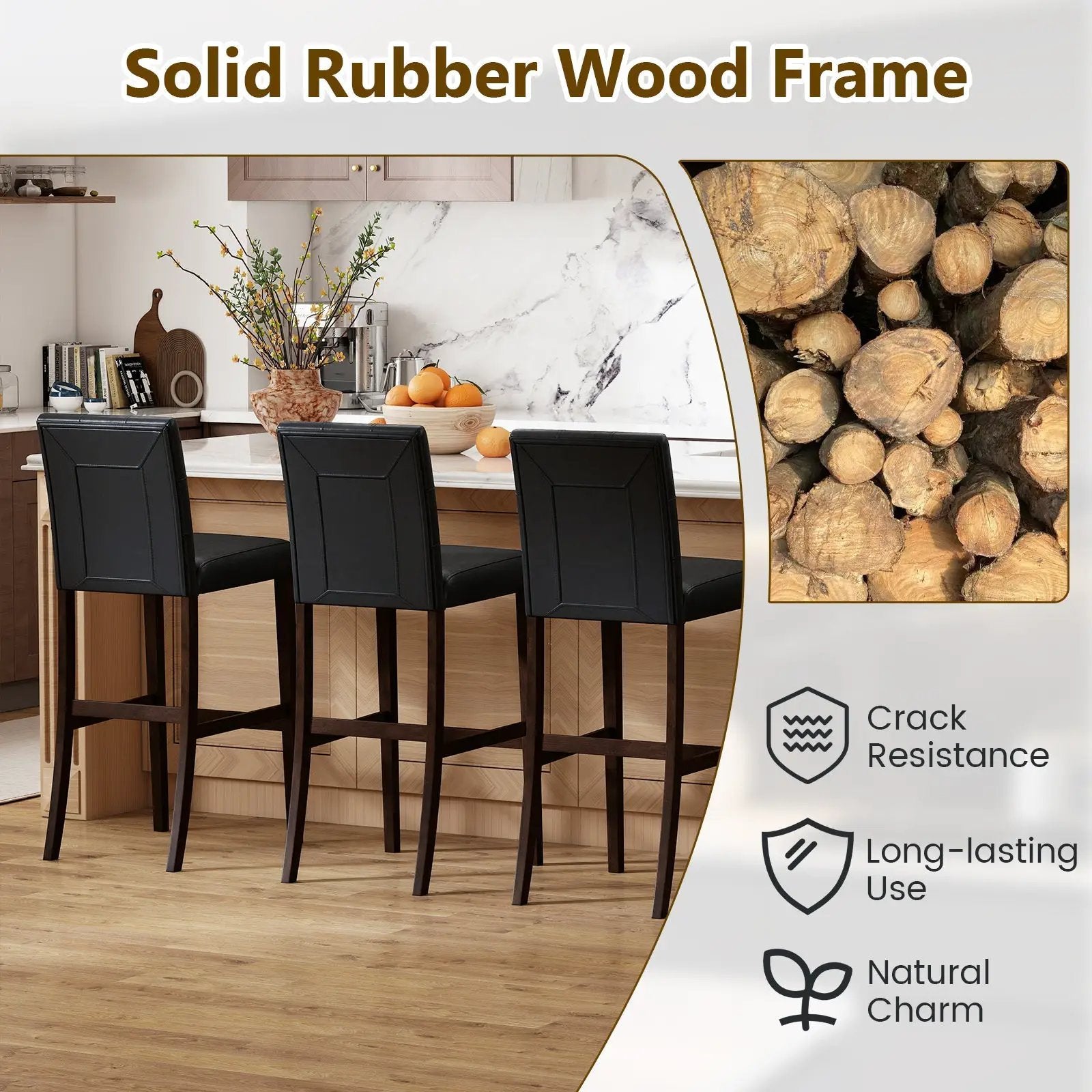 Set of 4 PVC Dining Leather Bar Stools with Solid Wood Legs by DirectDeals