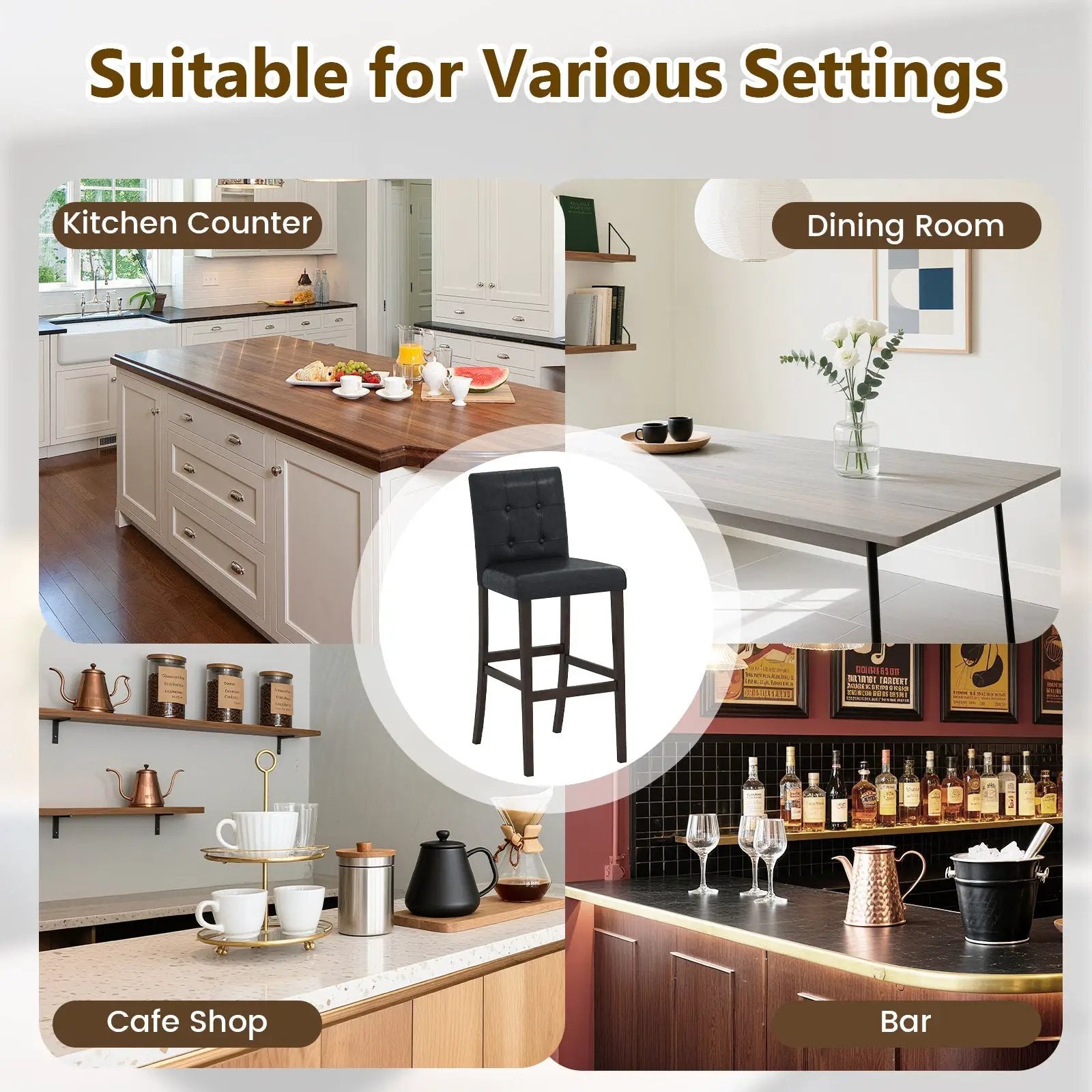 Set of 4 PVC Dining Leather Bar Stools with Solid Wood Legs by DirectDeals