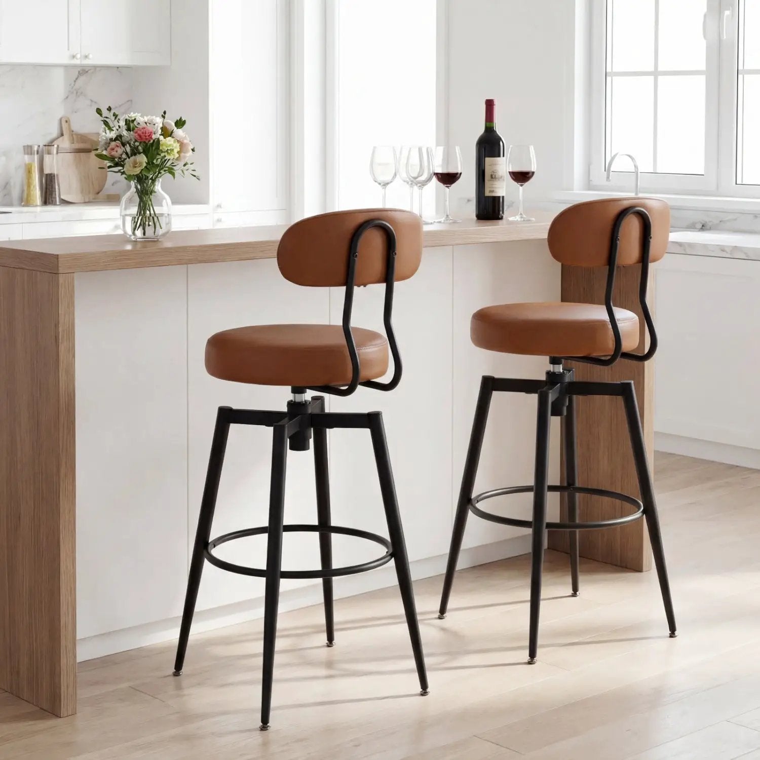 Set of 4 Swivel Barstools Faux Leather with Upholstered Seat and Back by DirectDeals