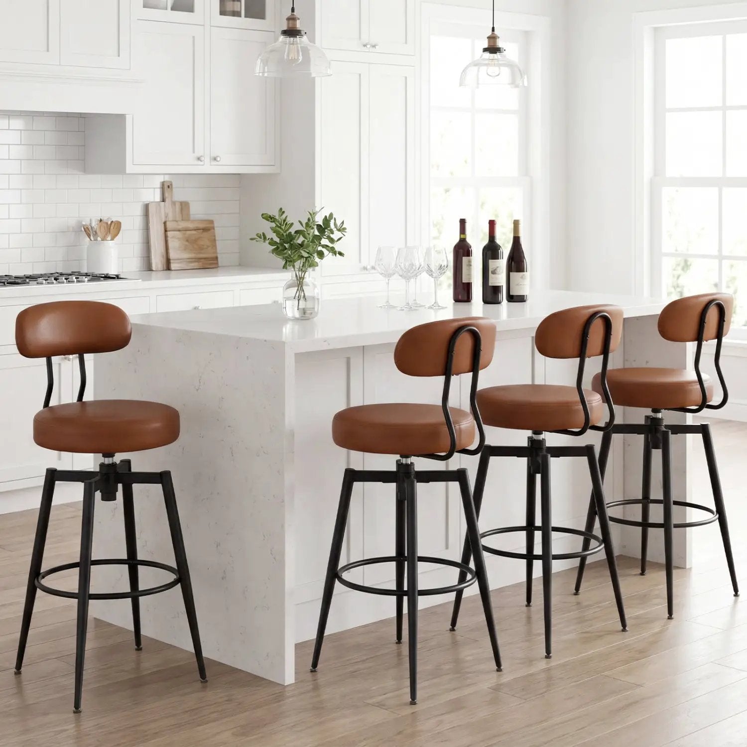 Set of 4 Swivel Barstools Faux Leather with Upholstered Seat and Back by DirectDeals