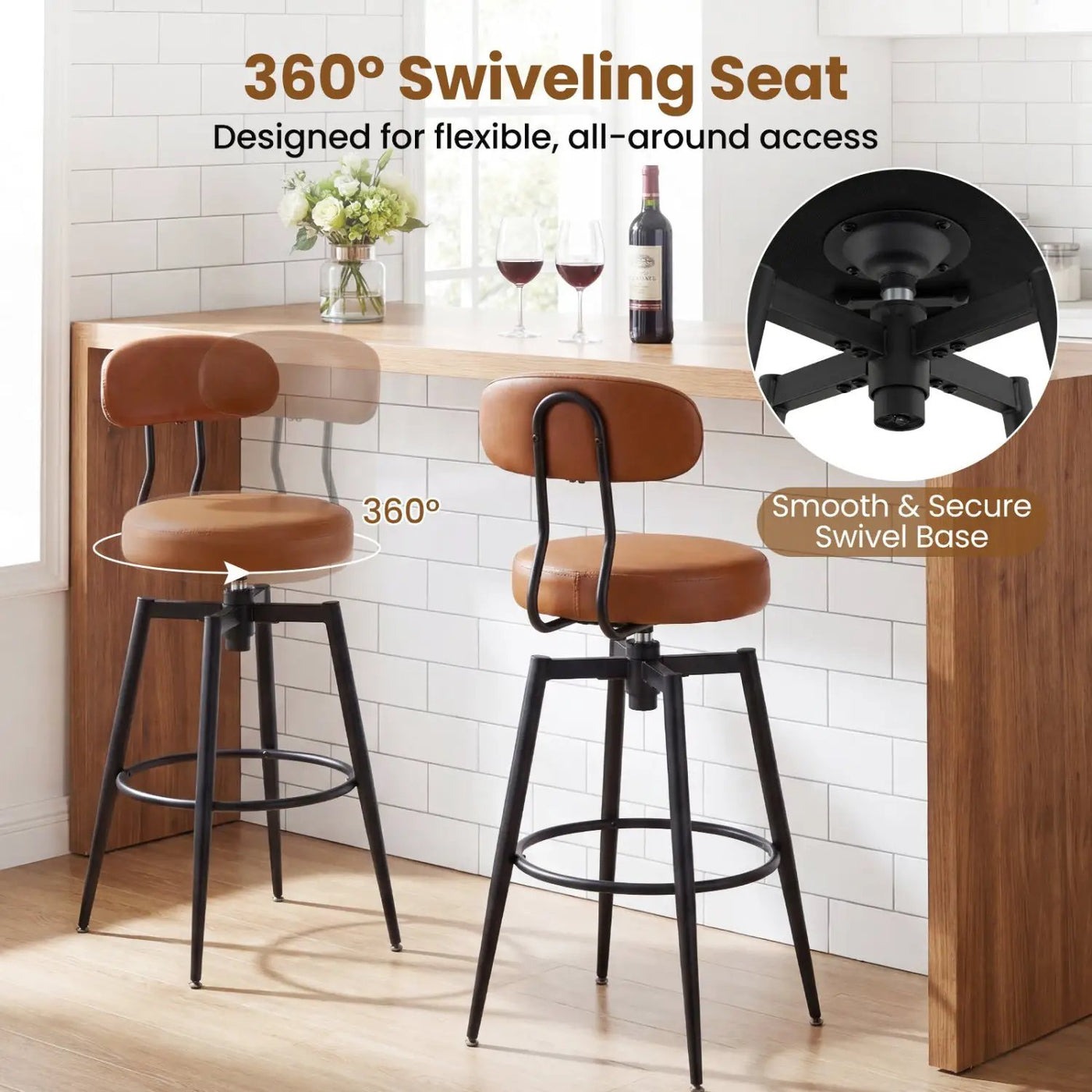 Set of 4 Swivel Barstools Faux Leather with Upholstered Seat and Back by DirectDeals