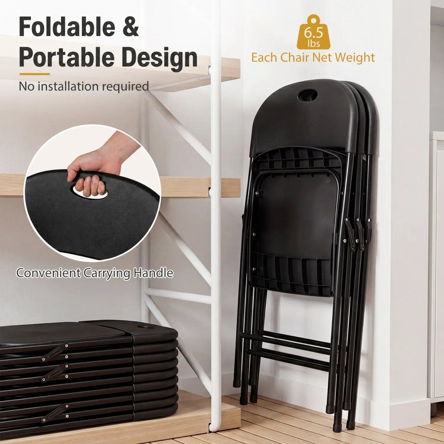 Foldable Plastic Dining Chairs Set of 6 with Ergonomic Backrest by DirectDeals