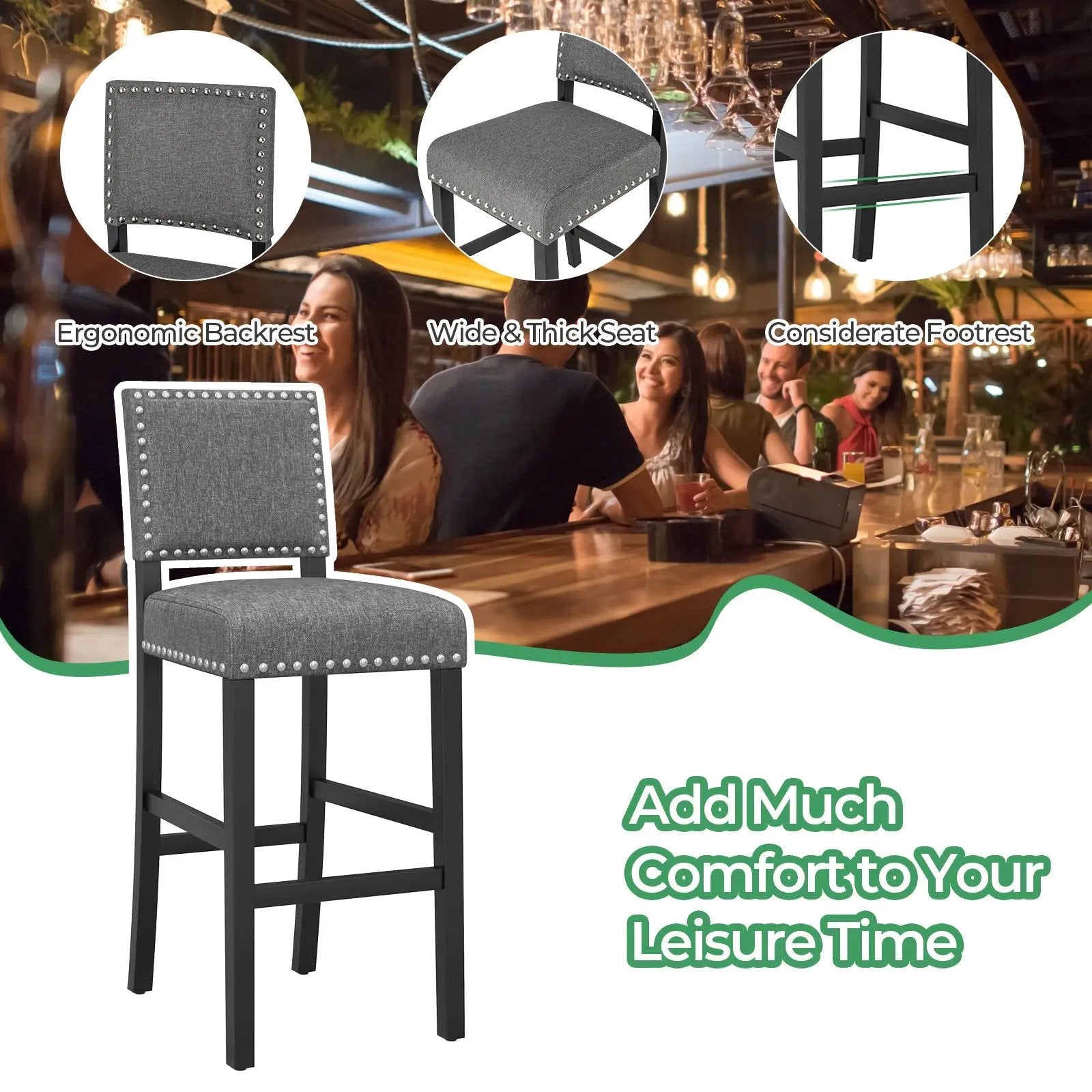 38.5/43.5 Inch Set of 2 Counter Height Chairs with Solid Rubber Wood Frame by DirectDeals