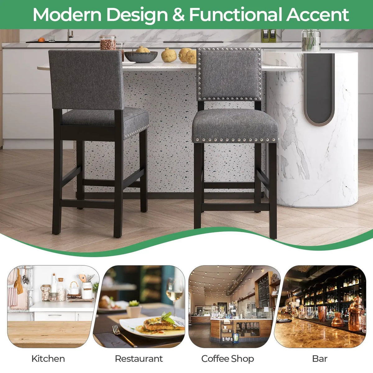 38.5/43.5 Inch Set of 2 Counter Height Chairs with Solid Rubber Wood Frame by DirectDeals