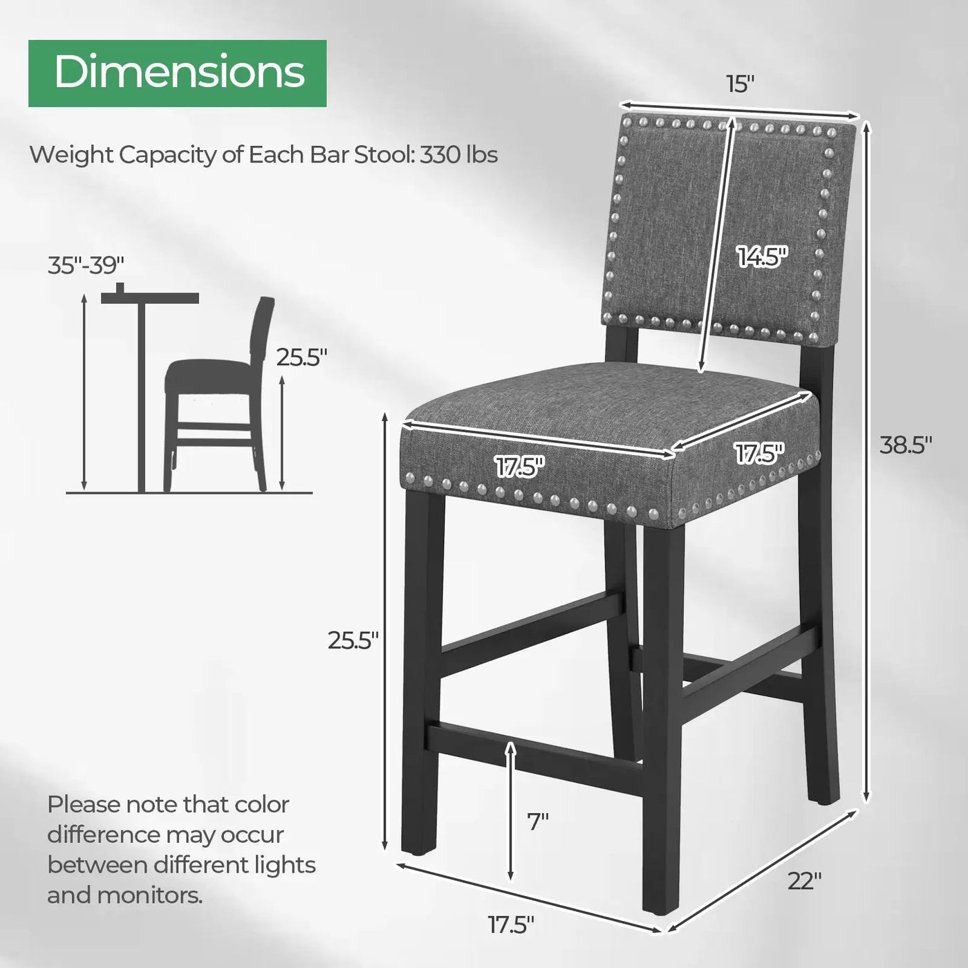 38.5/43.5 Inch Set of 2 Counter Height Chairs with Solid Rubber Wood Frame by DirectDeals