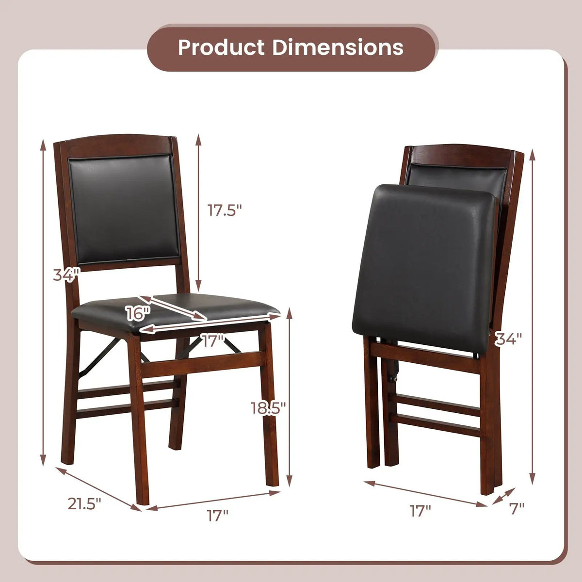 Set of 2 Folding Dining Chairs with Padded Seat and High Backrest-Brown by DirectDeals