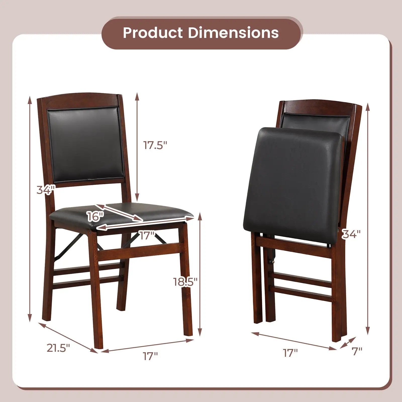 Set of 2 Folding Dining Chairs with Padded Seat and High Backrest-Brown by DirectDeals