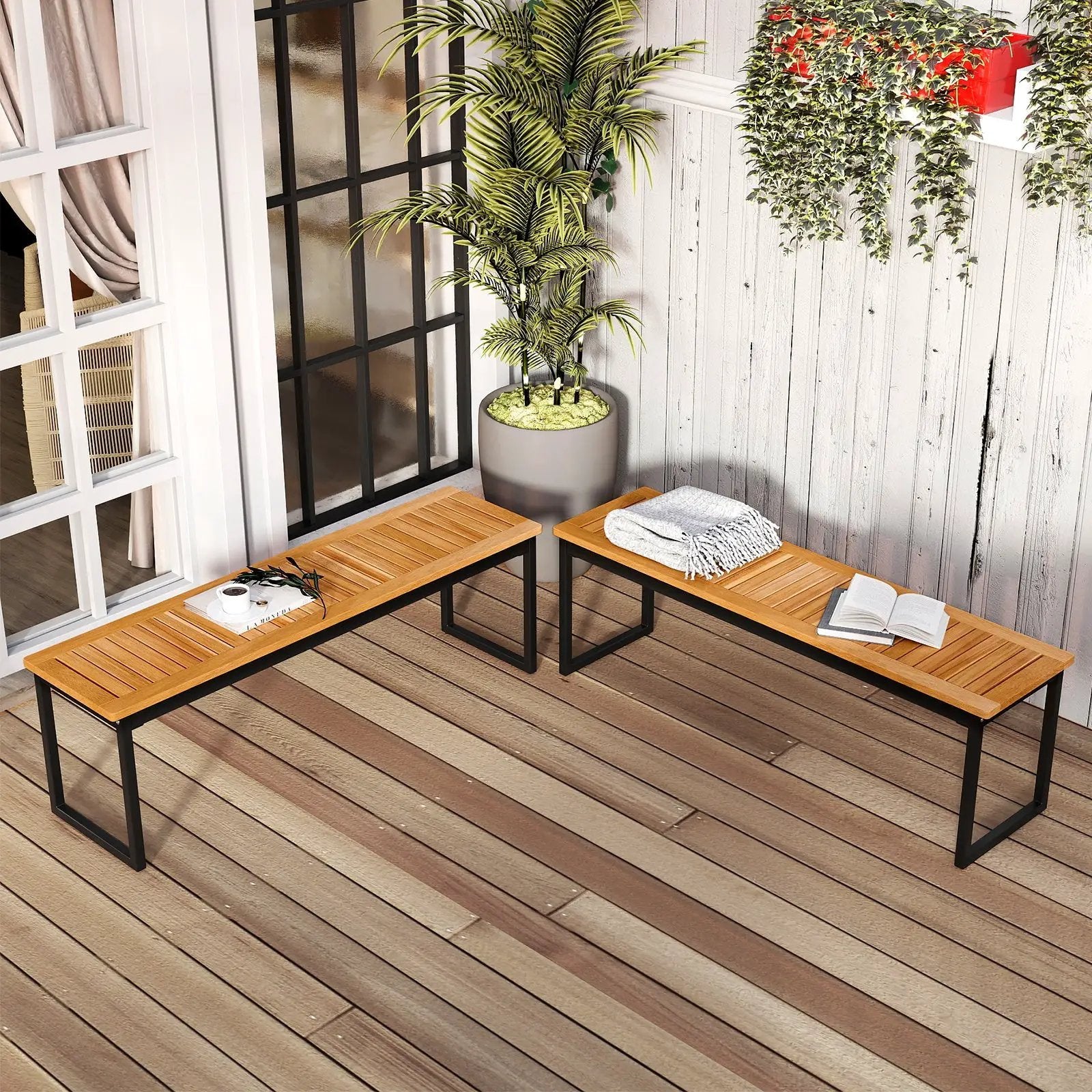 Set of 2 Patio Dining Bench for 2-3 Person Indoor Outdoor by DirectDeals