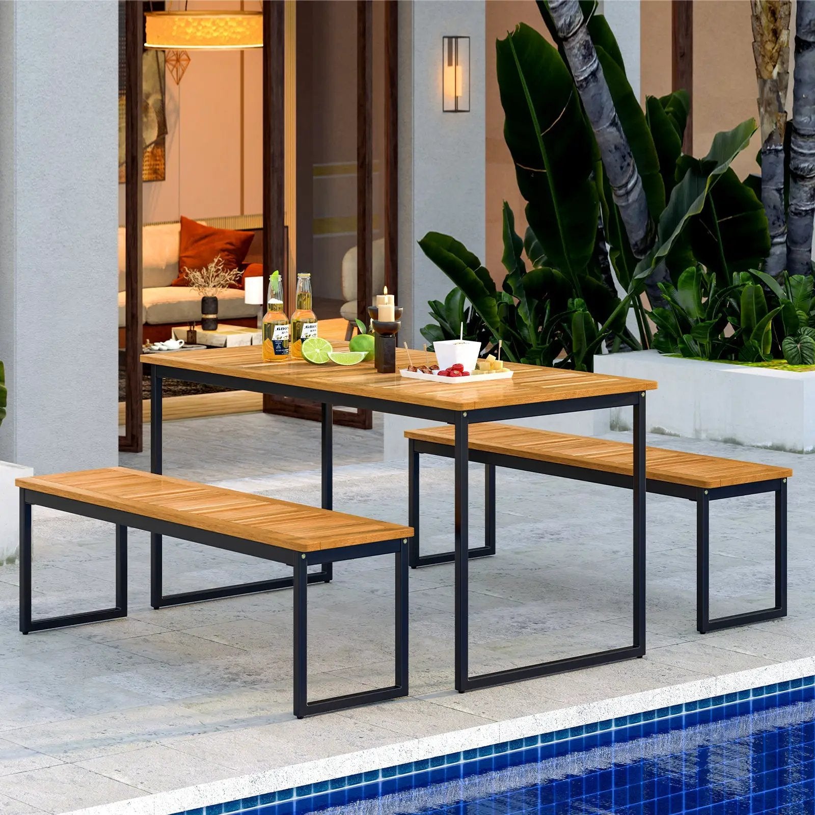Set of 2 Patio Dining Bench for 2-3 Person Indoor Outdoor by DirectDeals