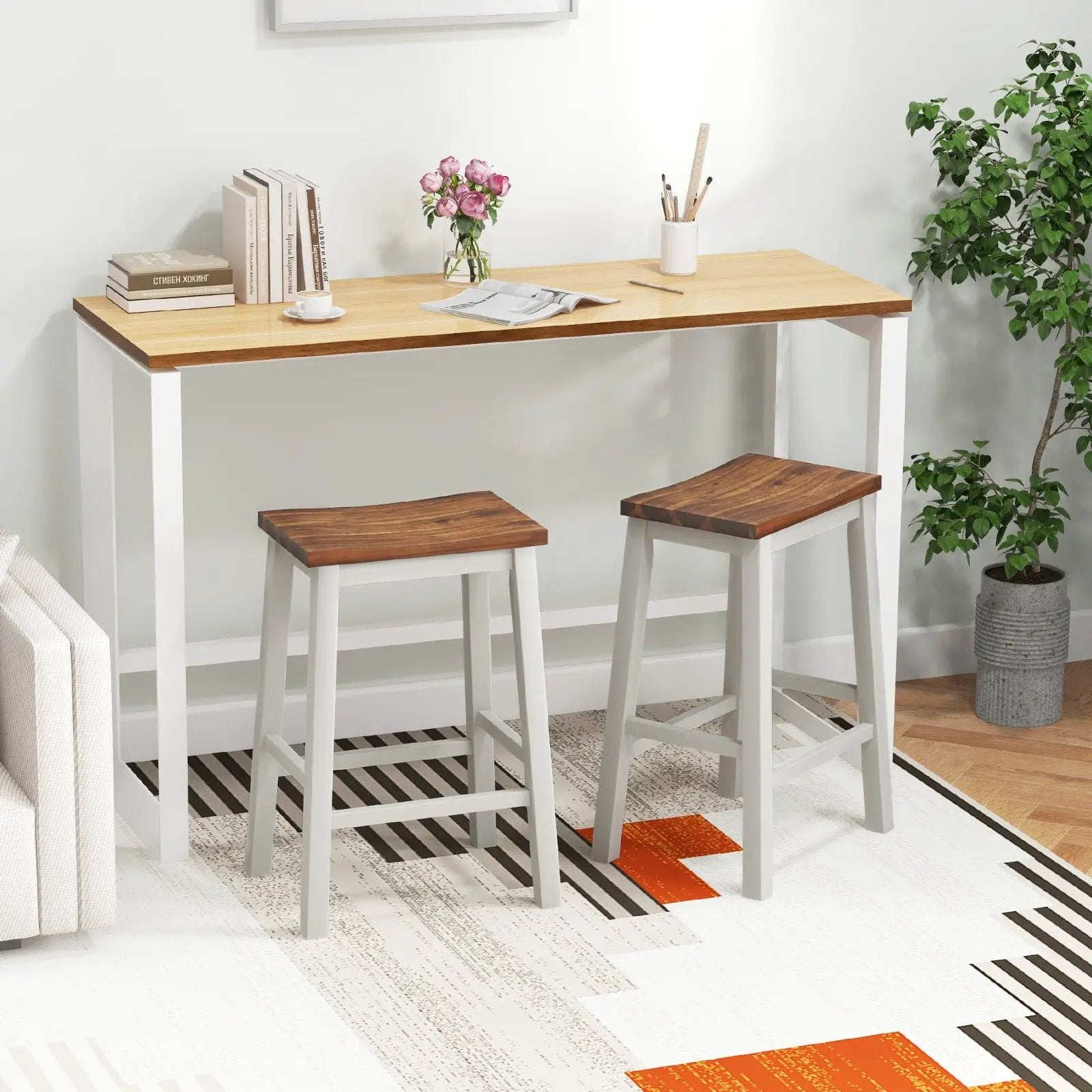 24.5-Inch Set of 2 Saddle Stools Bar Stools with Footrests for Kitchen Island-Walnut & Gray by DirectDeals