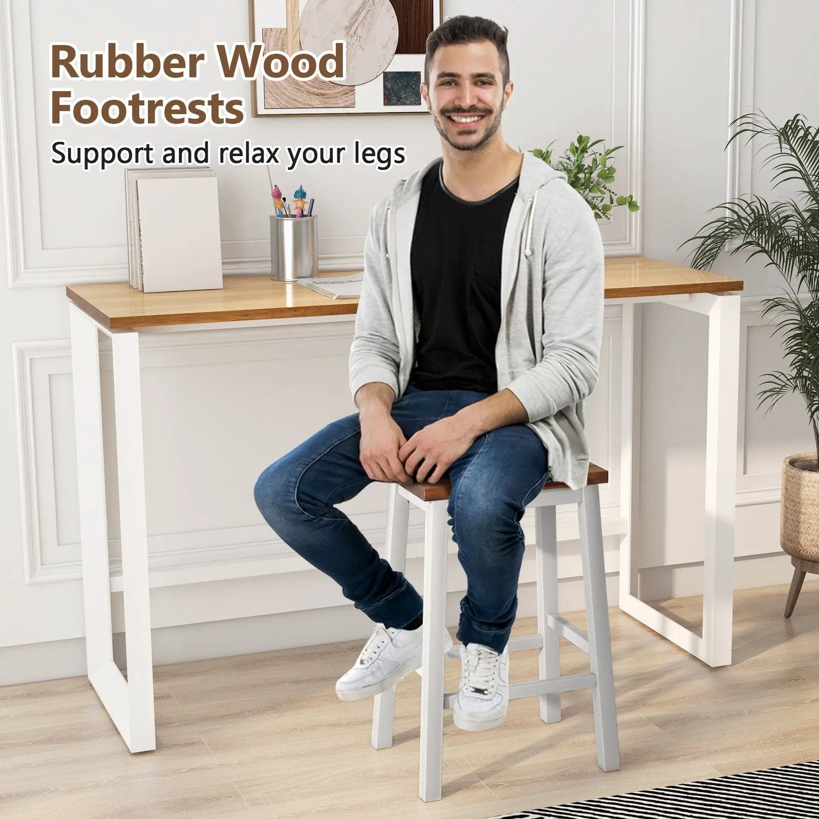 24.5-Inch Set of 2 Saddle Stools Bar Stools with Footrests for Kitchen Island-Walnut & Gray by DirectDeals